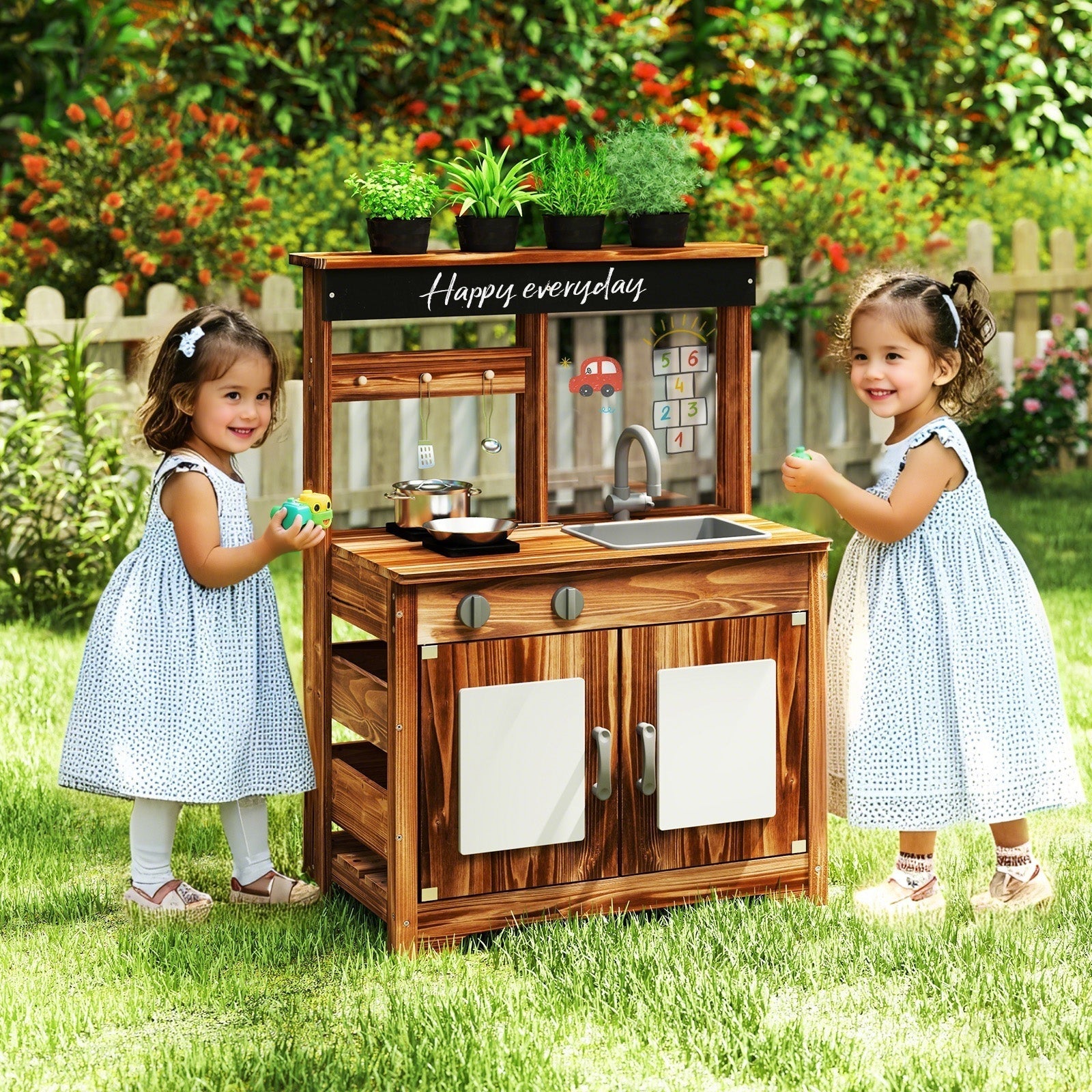 GBruno Mud Kitchen Fir Wood Play Kitchen with 4 Panting Pots Faucet Removable Sink-Natural