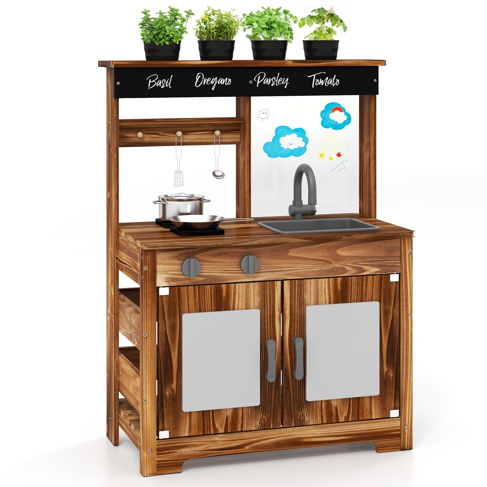 GBruno Mud Kitchen Fir Wood Play Kitchen with 4 Panting Pots Faucet Removable Sink-Natural