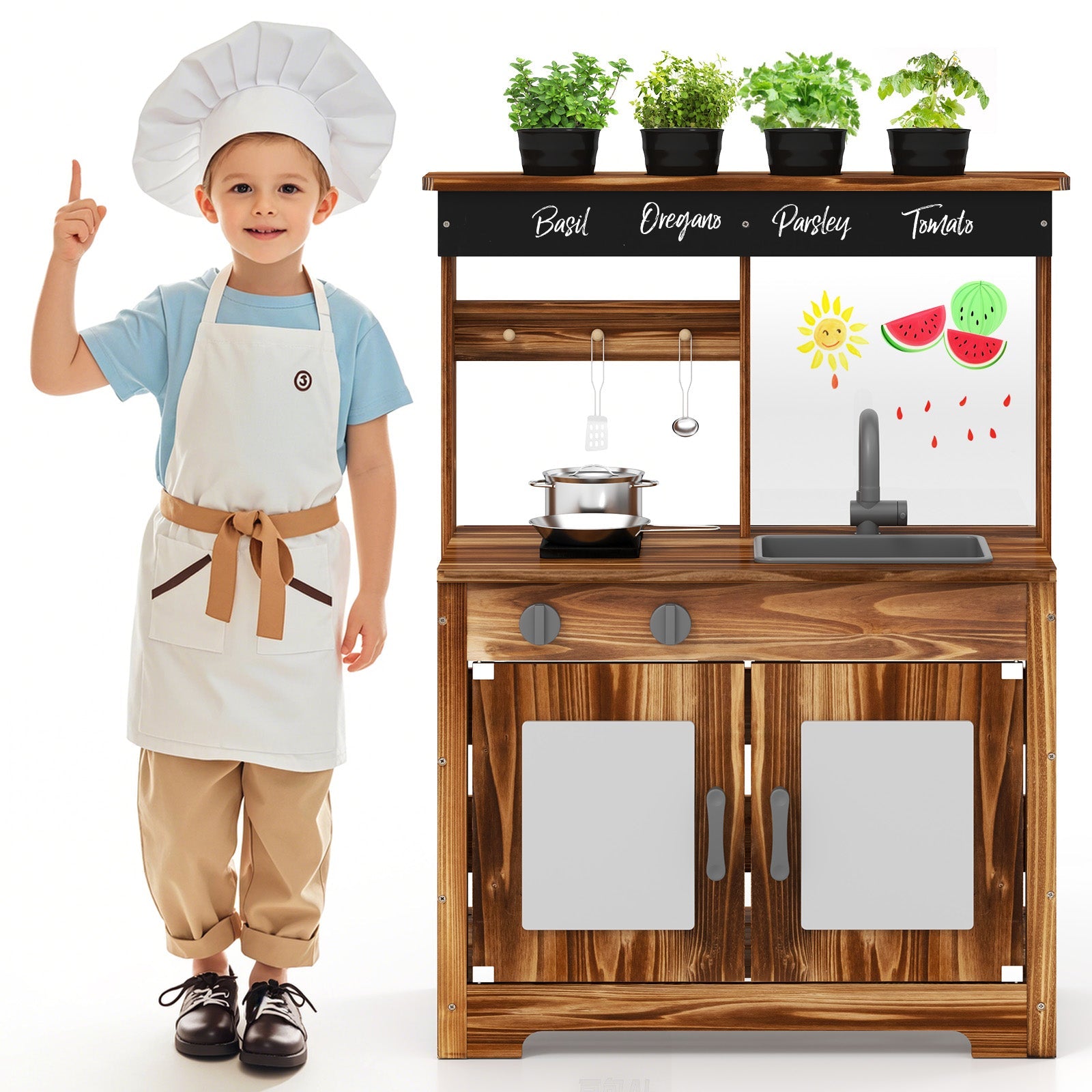 GBruno Mud Kitchen Fir Wood Play Kitchen with 4 Panting Pots Faucet Removable Sink-Natural