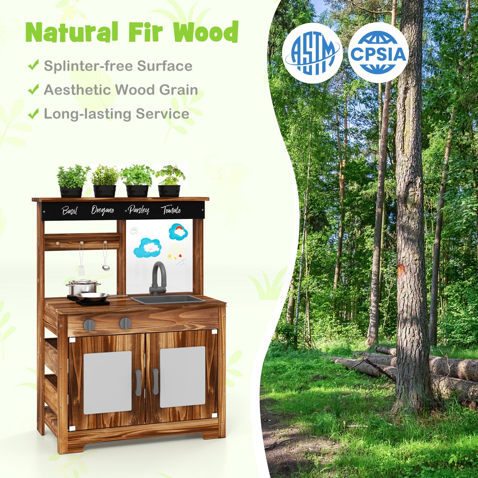 GBruno Mud Kitchen Fir Wood Play Kitchen with 4 Panting Pots Faucet Removable Sink-Natural