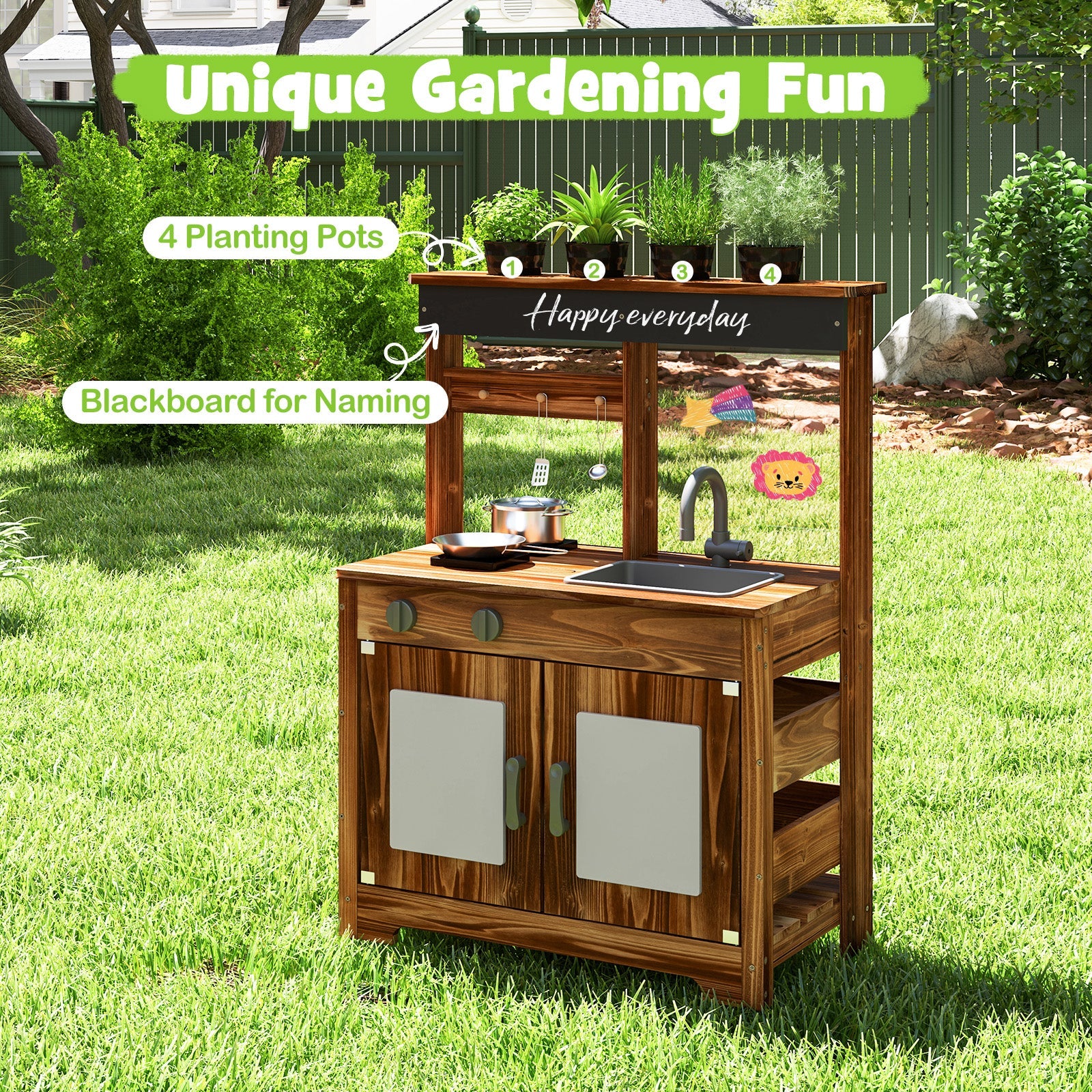 GBruno Mud Kitchen Fir Wood Play Kitchen with 4 Panting Pots Faucet Removable Sink-Natural