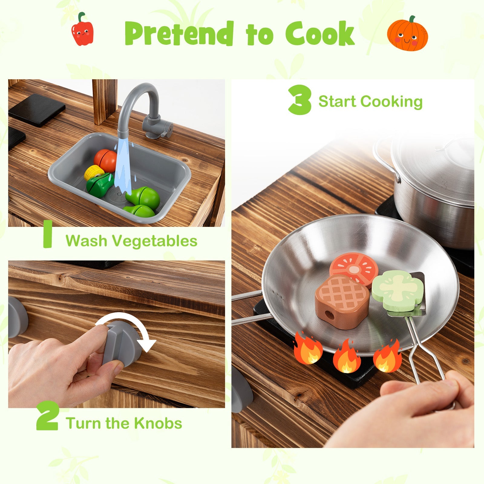GBruno Mud Kitchen Fir Wood Play Kitchen with 4 Panting Pots Faucet Removable Sink-Natural