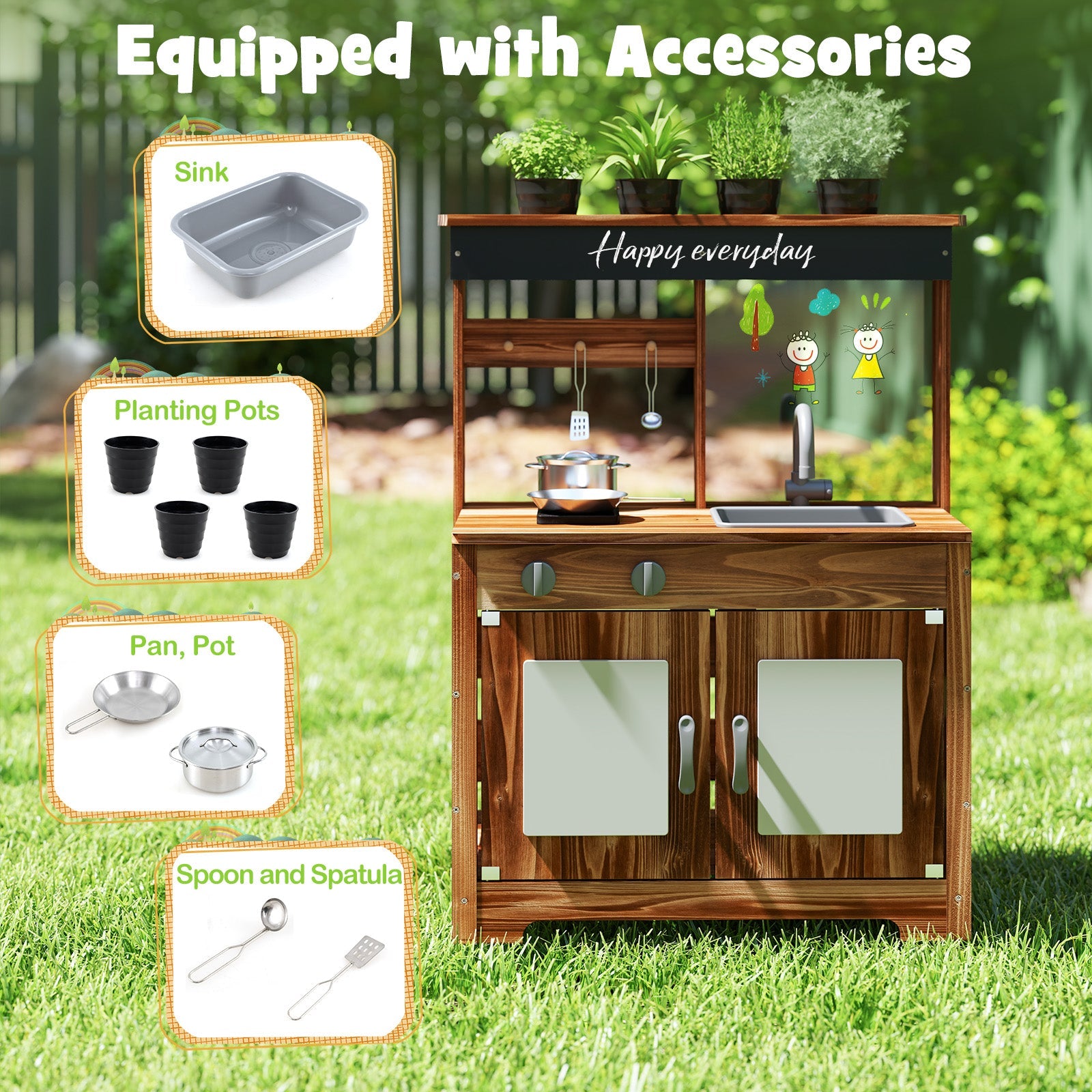 GBruno Mud Kitchen Fir Wood Play Kitchen with 4 Panting Pots Faucet Removable Sink-Natural