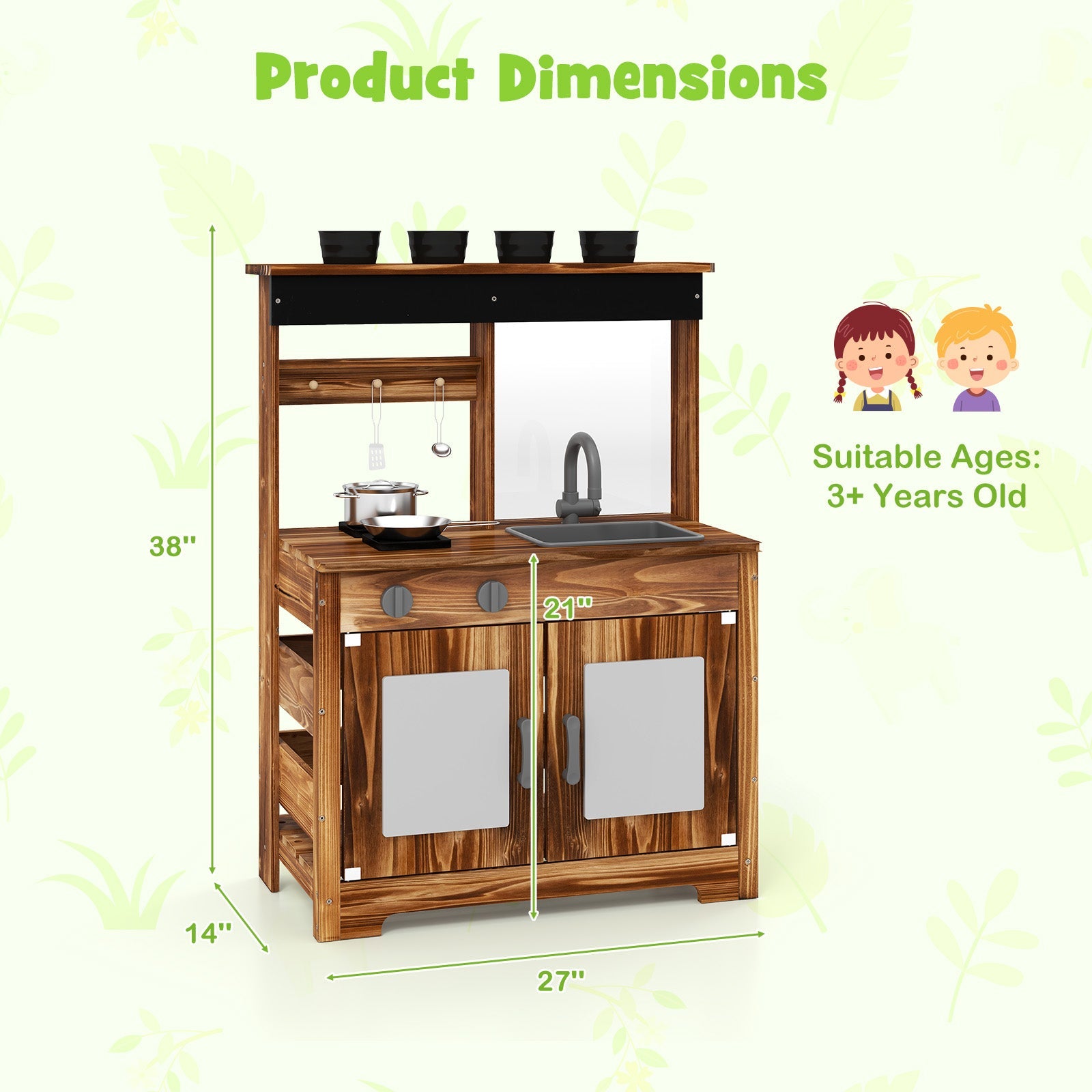 GBruno Mud Kitchen Fir Wood Play Kitchen with 4 Panting Pots Faucet Removable Sink-Natural