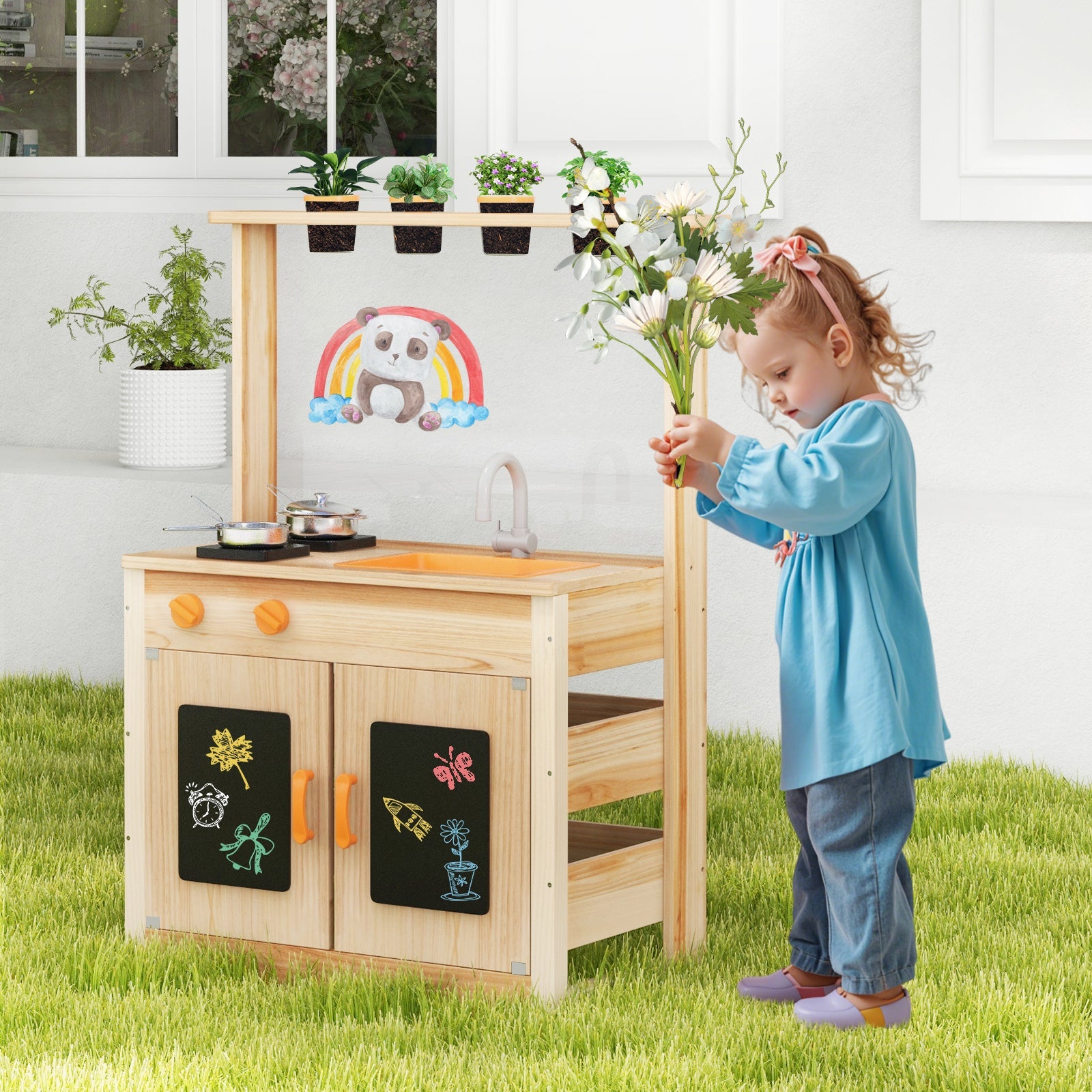 GBruno Kids Mud Kitchen Fir Wood Playset with Planting Pots and Blackboards-Natural