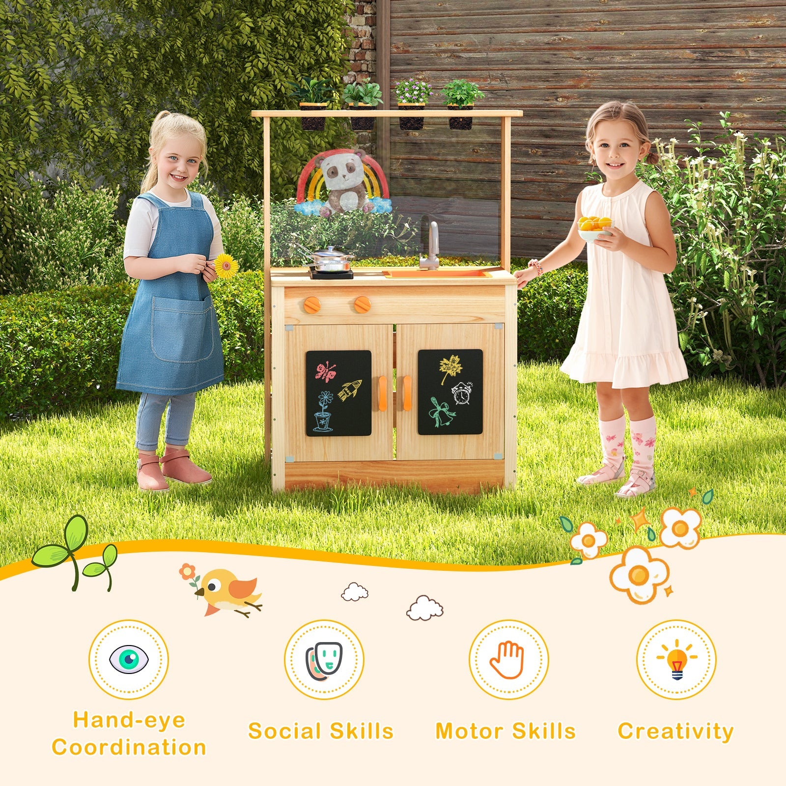GBruno Kids Mud Kitchen Fir Wood Playset with Planting Pots and Blackboards-Natural