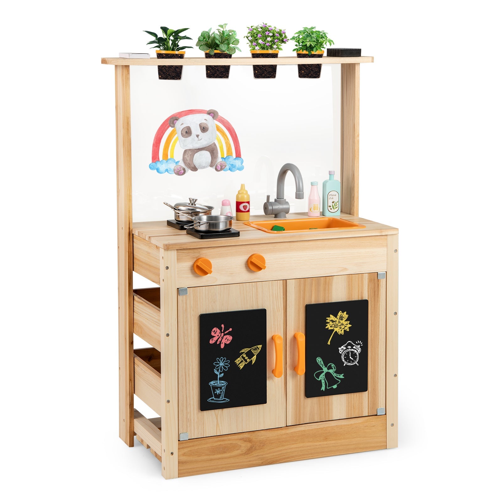 GBruno Kids Mud Kitchen Fir Wood Playset with Planting Pots and Blackboards-Natural