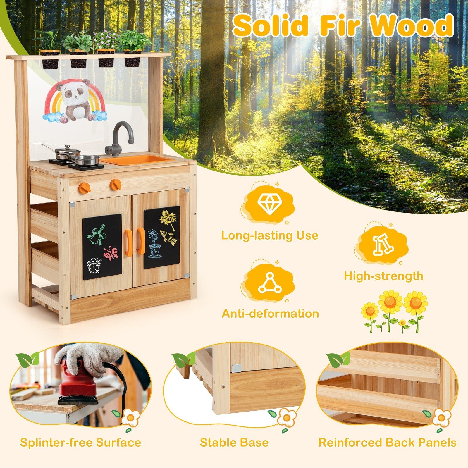 GBruno Kids Mud Kitchen Fir Wood Playset with Planting Pots and Blackboards-Natural