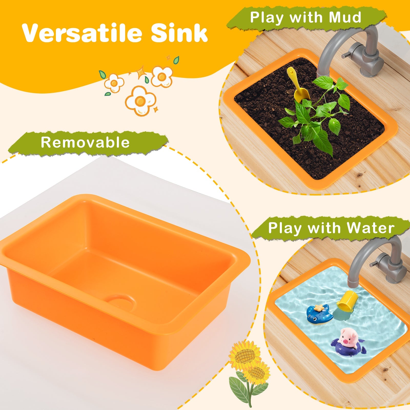 GBruno Kids Mud Kitchen Fir Wood Playset with Planting Pots and Blackboards-Natural