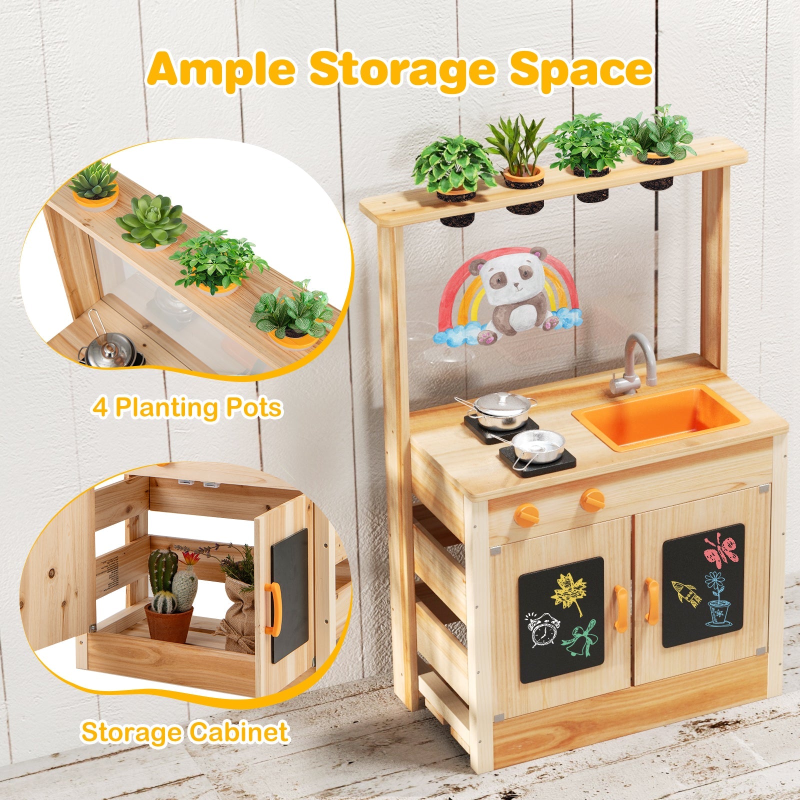 GBruno Kids Mud Kitchen Fir Wood Playset with Planting Pots and Blackboards-Natural