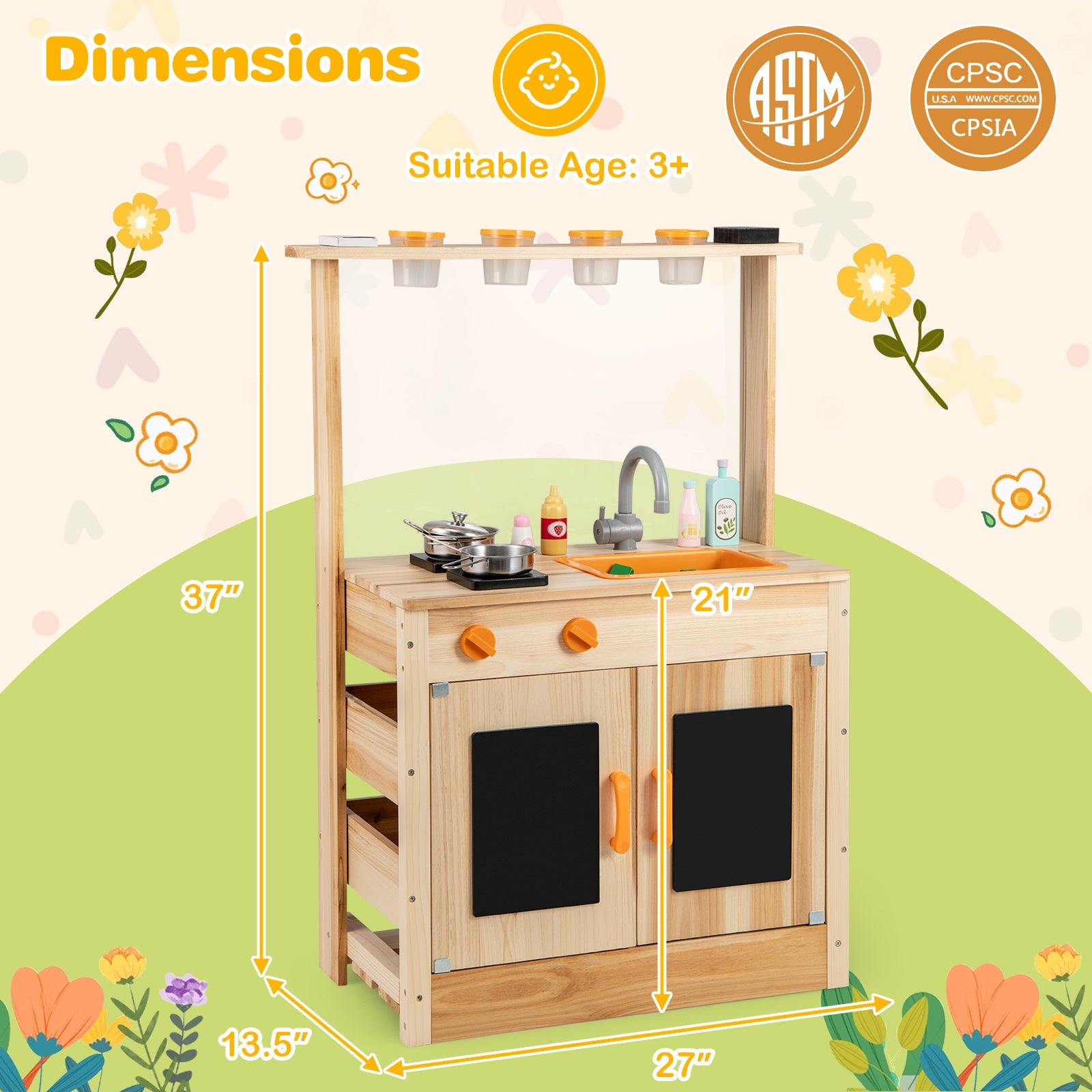 GBruno Kids Mud Kitchen Fir Wood Playset with Planting Pots and Blackboards-Natural