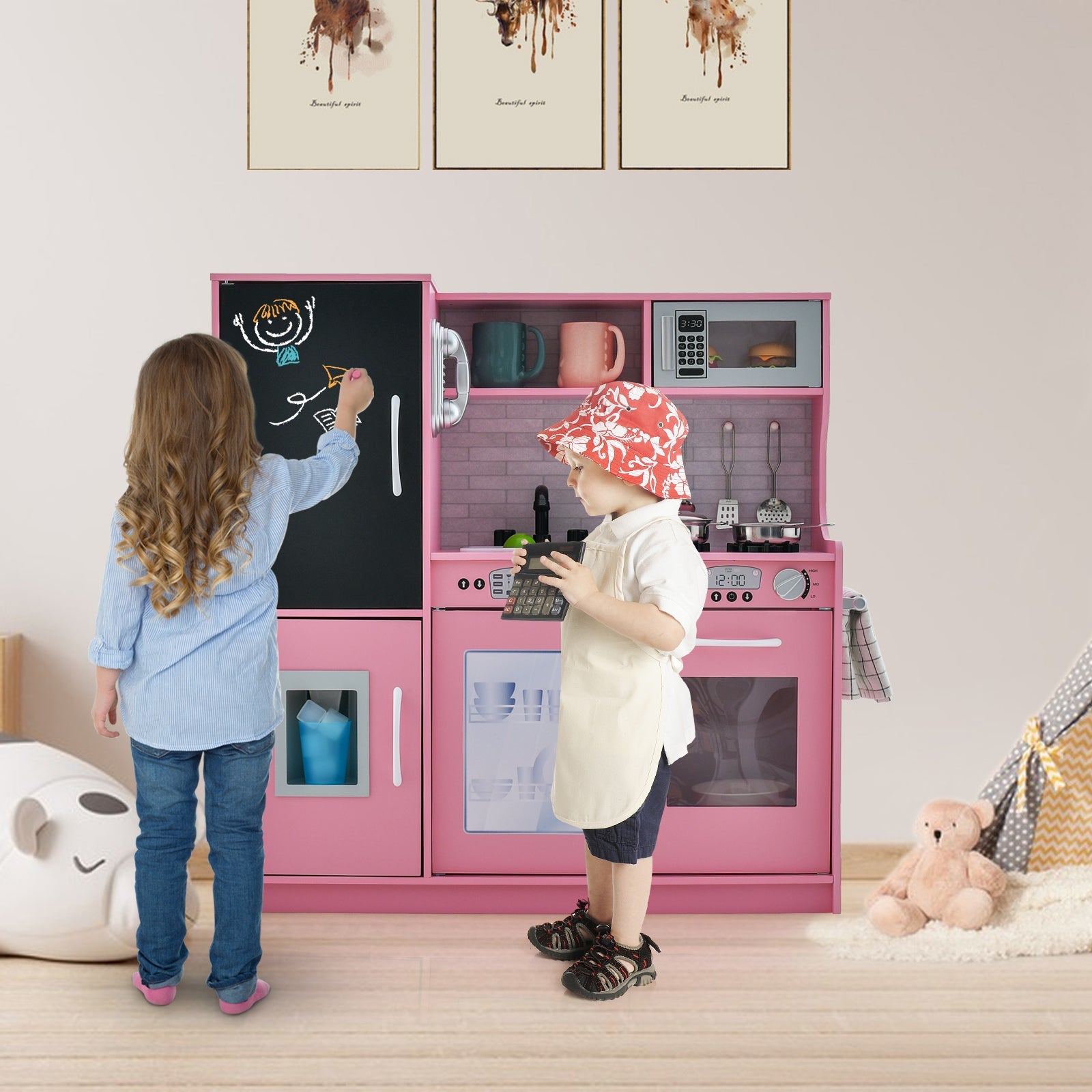 GBruno Toddler Pretend Play Kitchen for Boys and Girls 3-6 Years Old-Pink