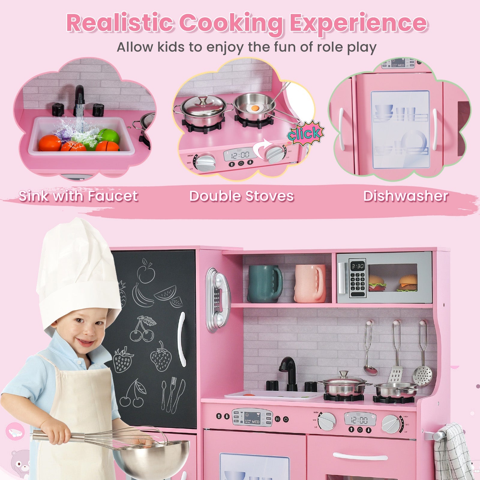 GBruno Toddler Pretend Play Kitchen for Boys and Girls 3-6 Years Old-Pink