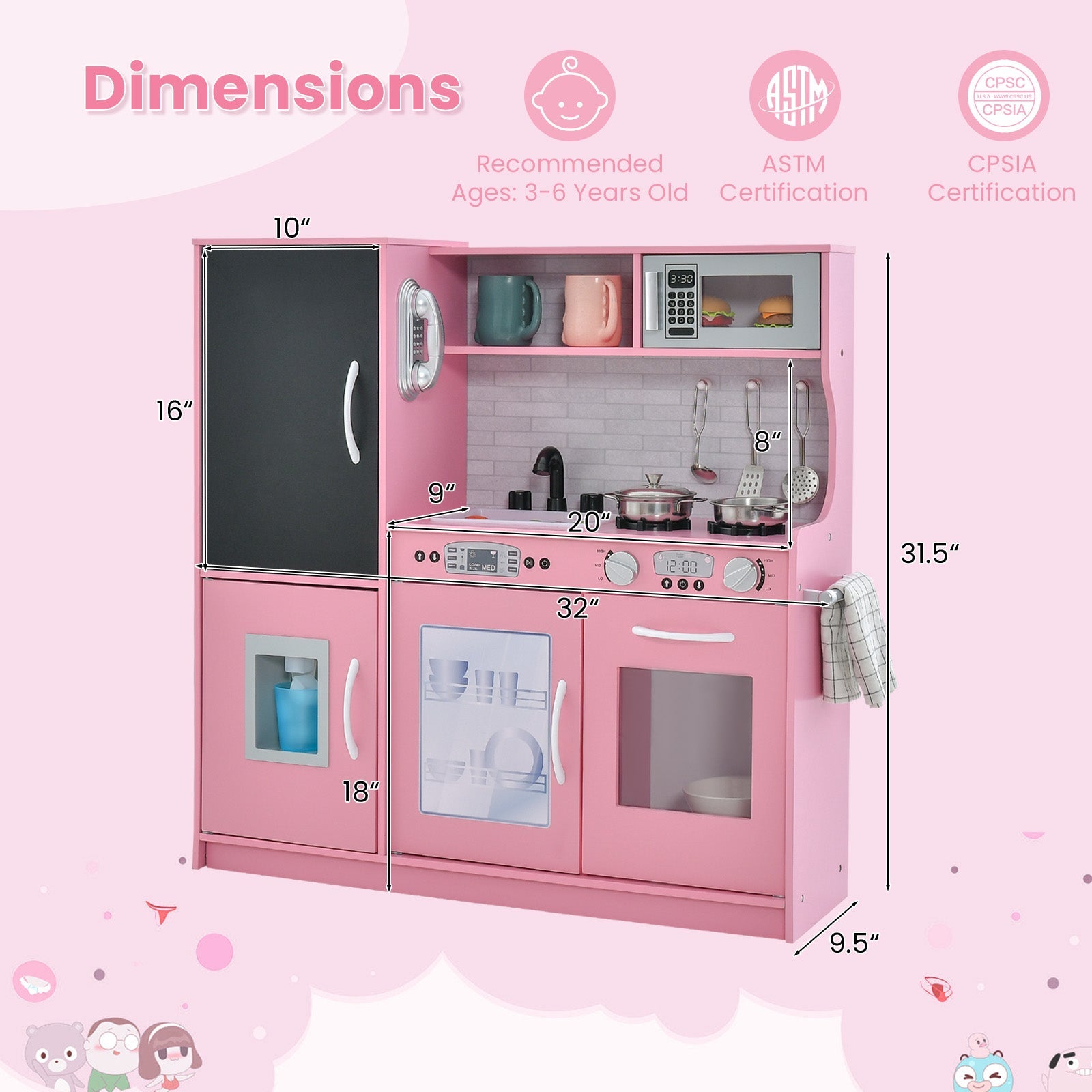 GBruno Toddler Pretend Play Kitchen for Boys and Girls 3-6 Years Old-Pink