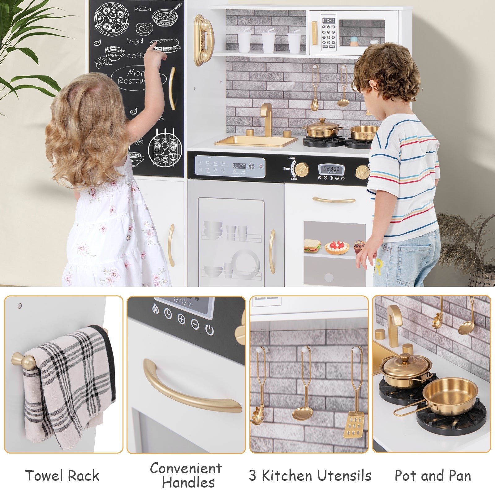 GBruno Pretend Play Kitchen with Utensils for Kids Aged 3+-White