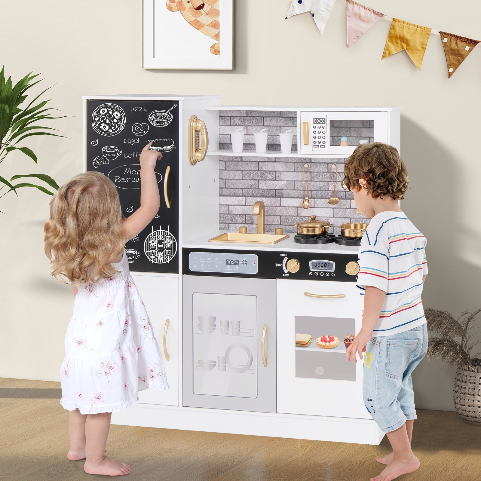 GBruno Pretend Play Kitchen with Utensils for Kids Aged 3+-White