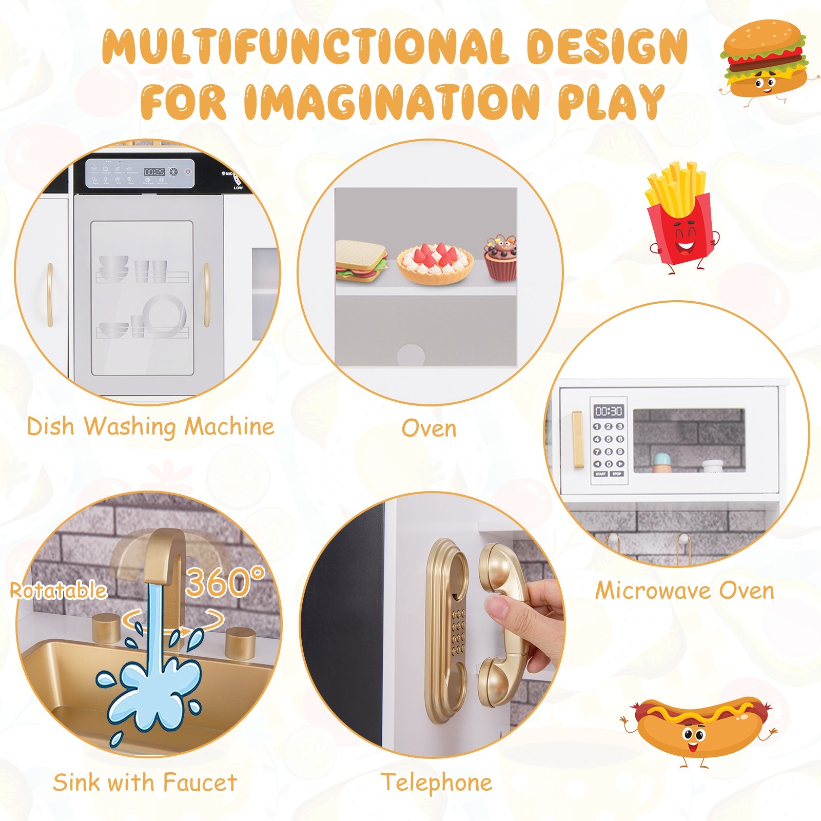 GBruno Pretend Play Kitchen with Utensils for Kids Aged 3+-White