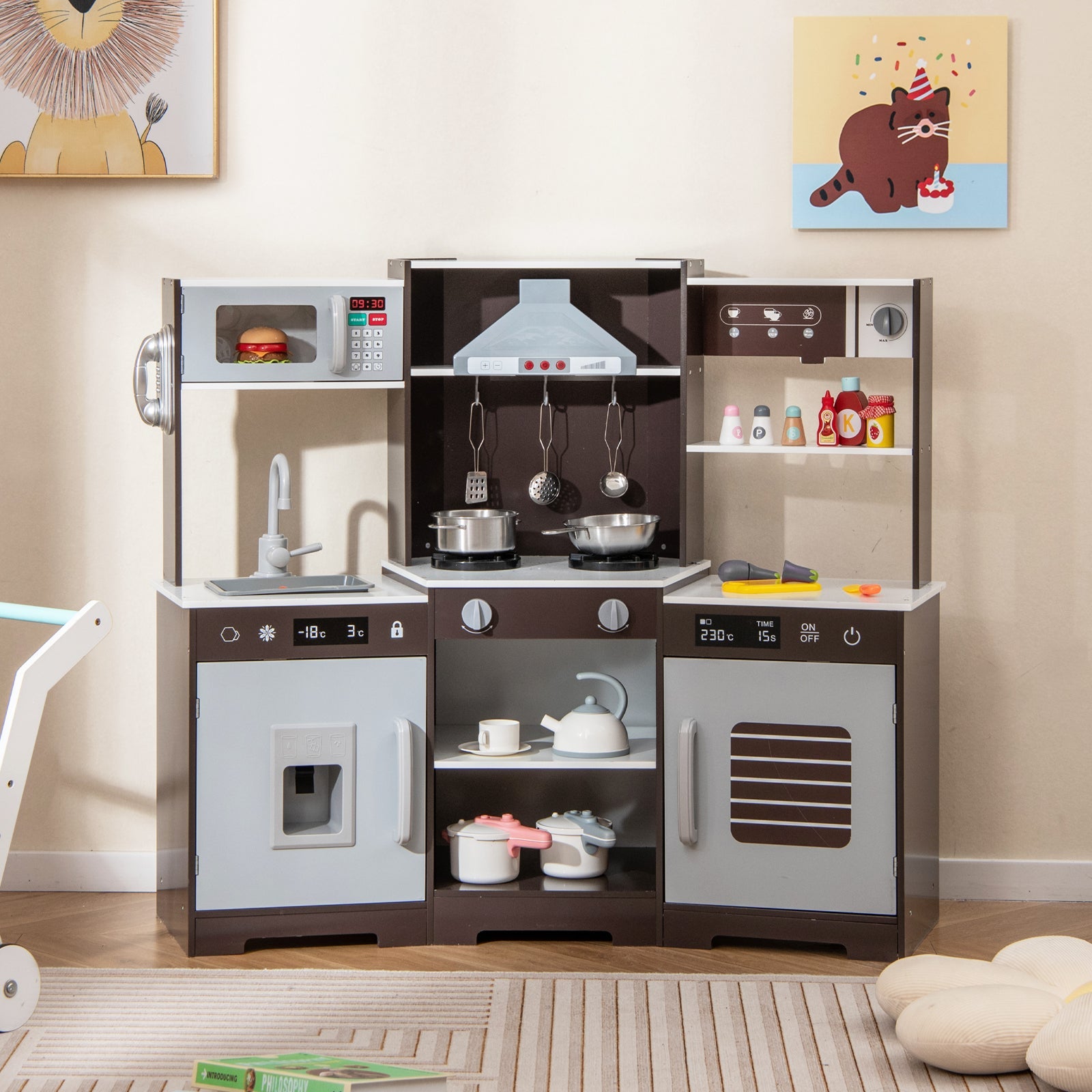 GBruno Pretend Play Kitchen Wooden Toy Set with Range Hood Real Sounds and Lights-Brown