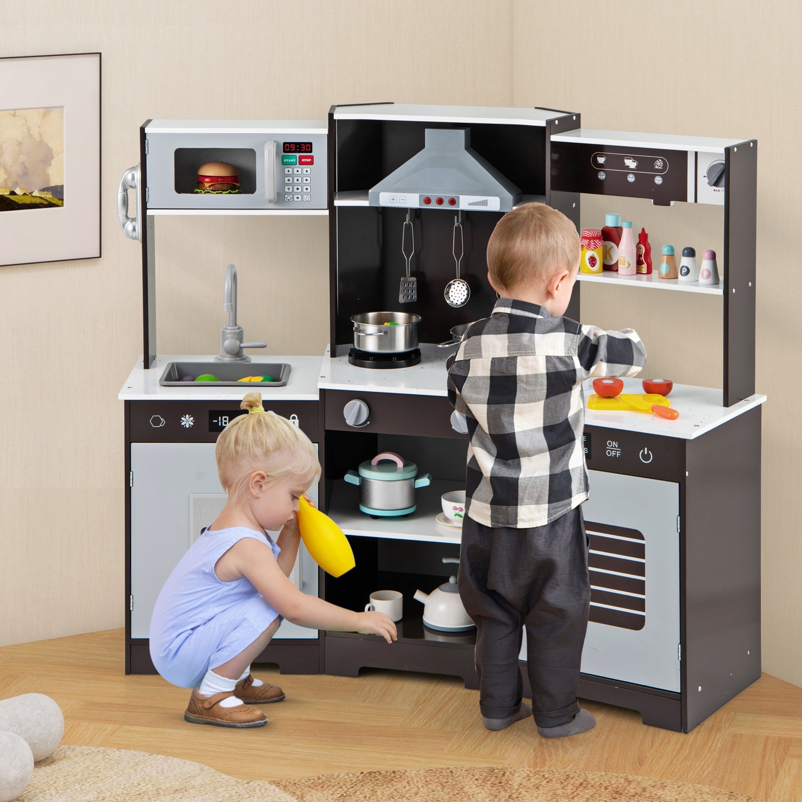 GBruno Pretend Play Kitchen Wooden Toy Set with Range Hood Real Sounds and Lights-Brown