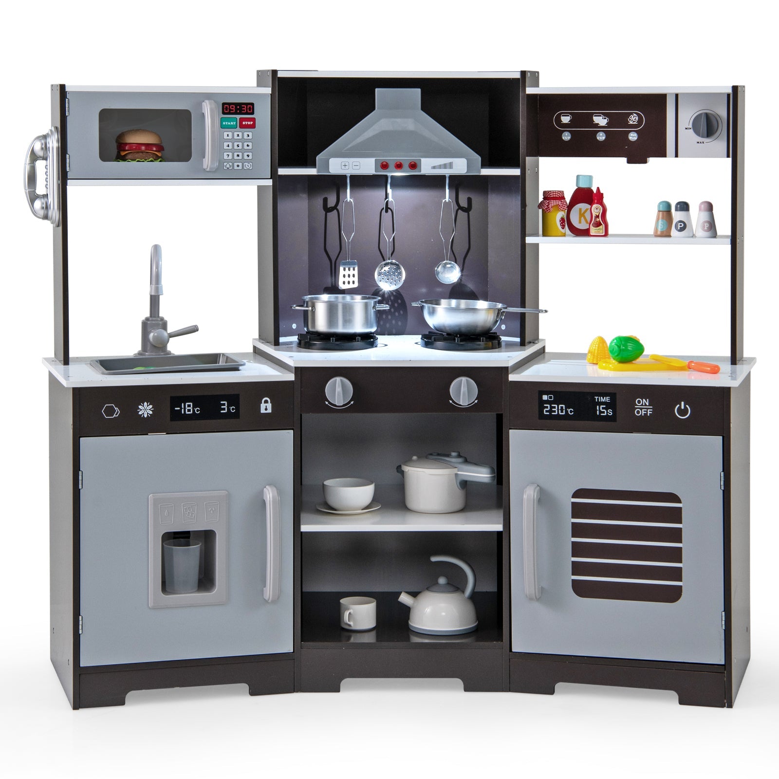 GBruno Pretend Play Kitchen Wooden Toy Set with Range Hood Real Sounds and Lights-Brown