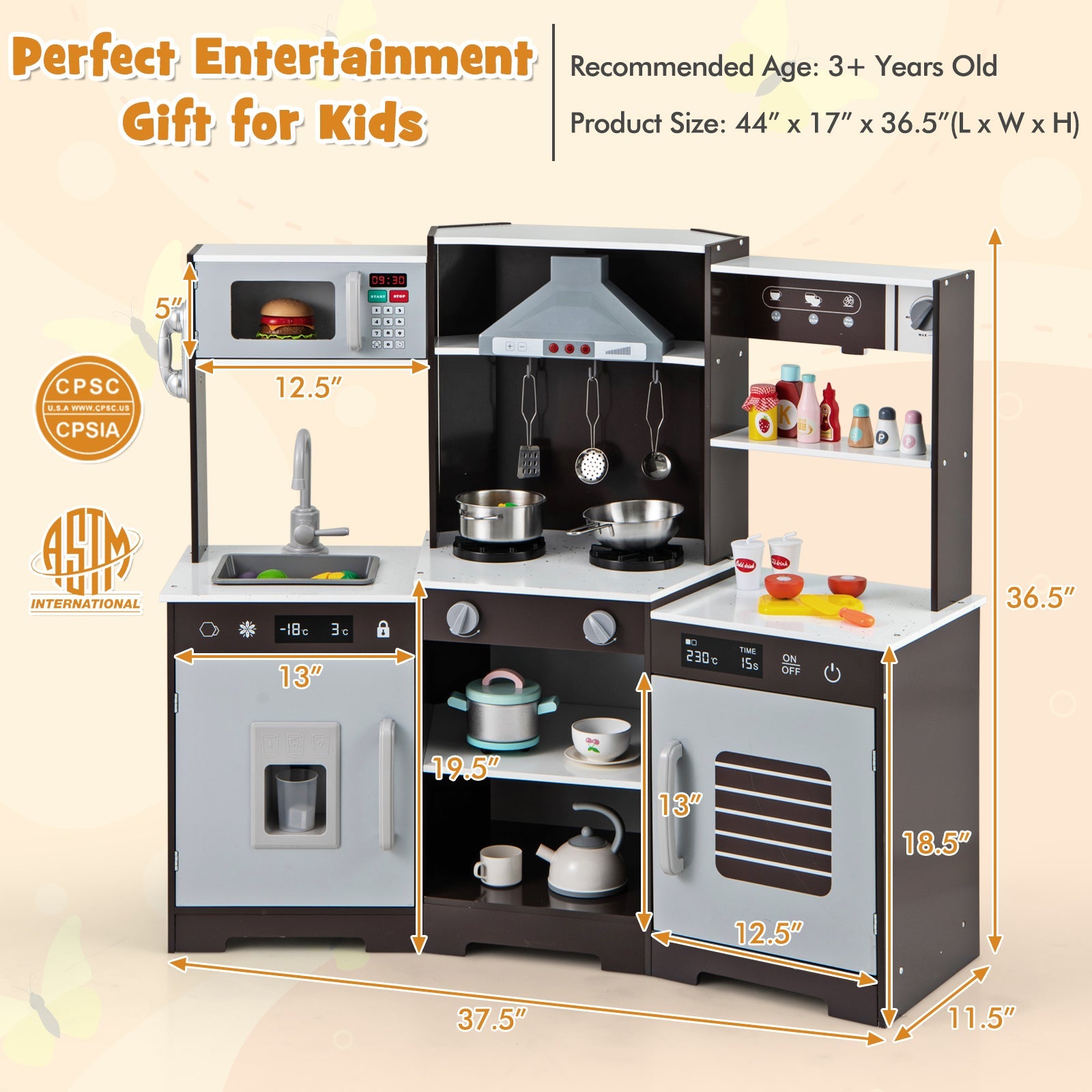 GBruno Pretend Play Kitchen Wooden Toy Set with Range Hood Real Sounds and Lights-Brown
