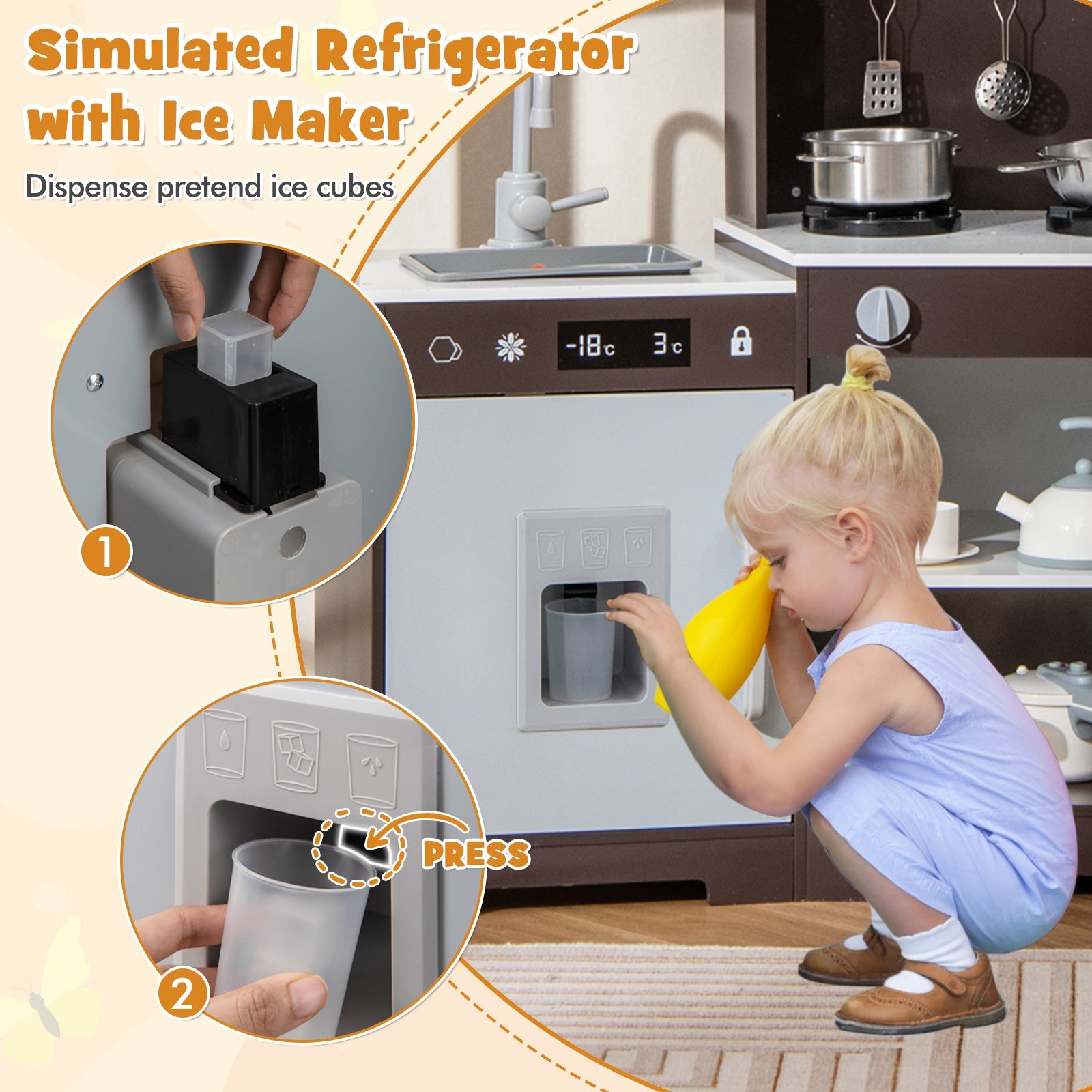 GBruno Pretend Play Kitchen Wooden Toy Set with Range Hood Real Sounds and Lights-Brown