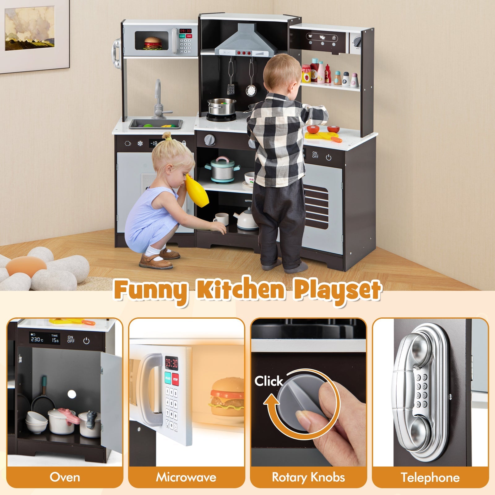 GBruno Pretend Play Kitchen Wooden Toy Set with Range Hood Real Sounds and Lights-Brown