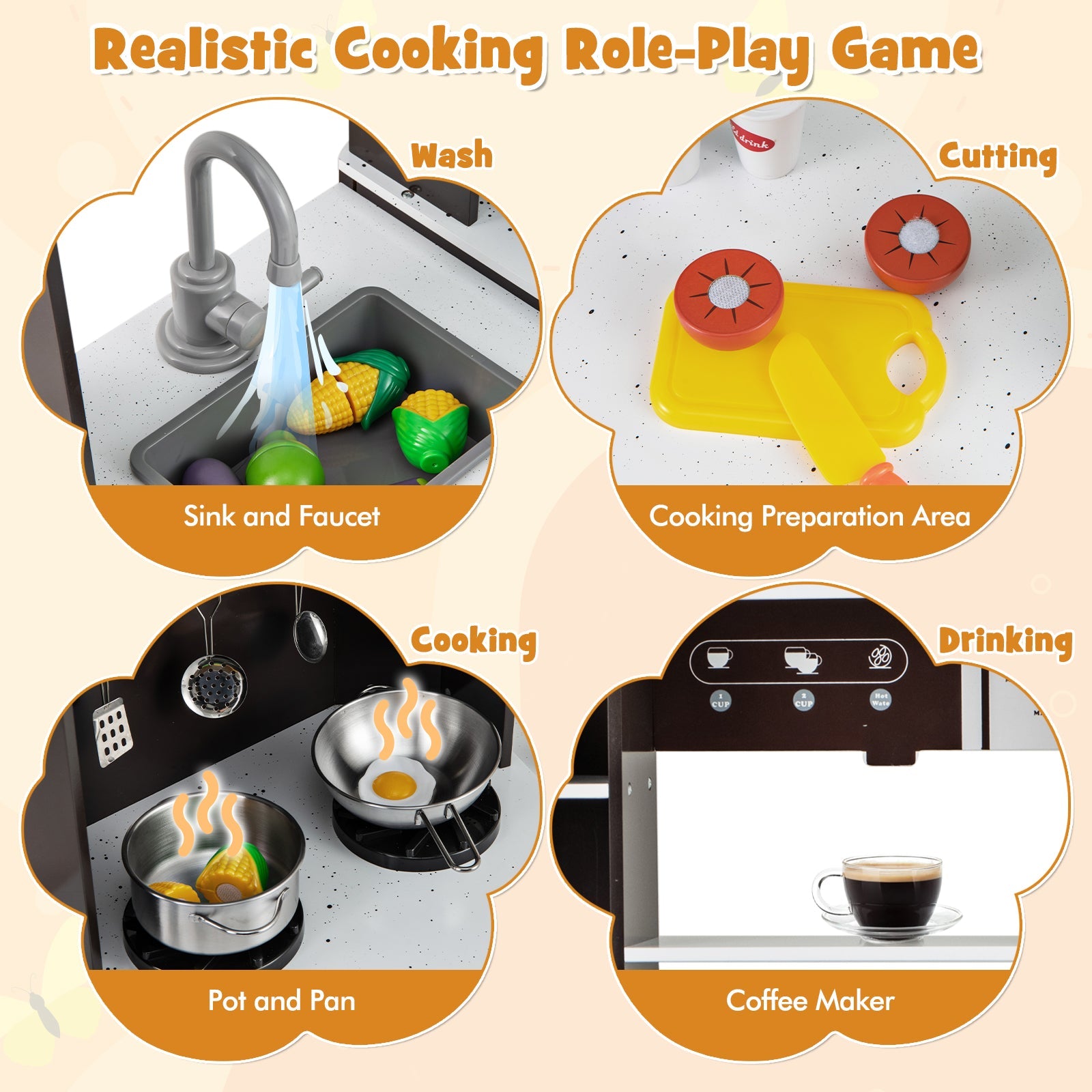 GBruno Pretend Play Kitchen Wooden Toy Set with Range Hood Real Sounds and Lights-Brown