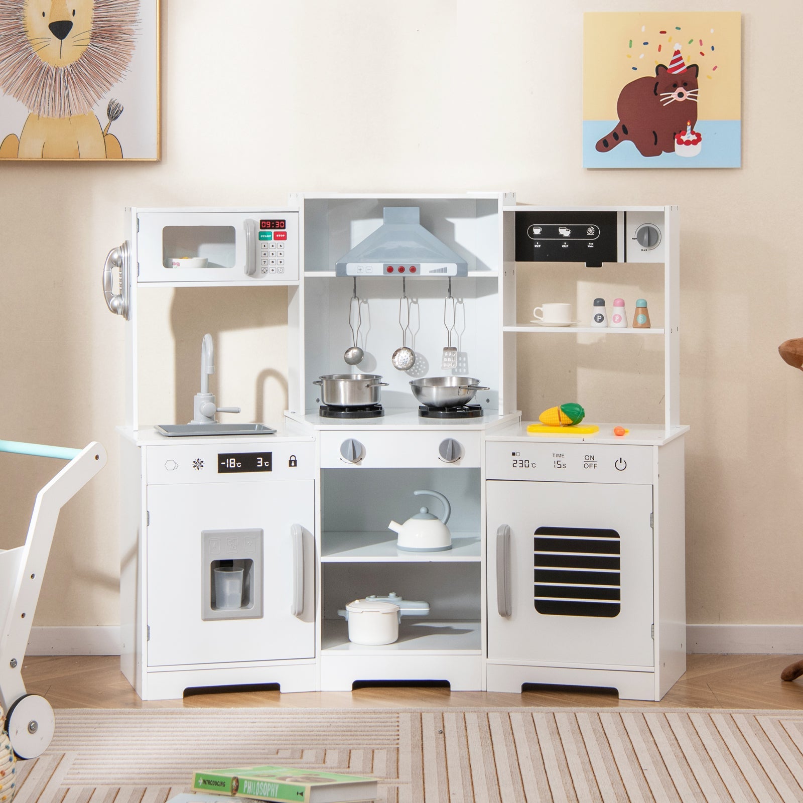 GBruno Pretend Play Kitchen Wooden Toy Set with Range Hood Real Sounds and Lights-White