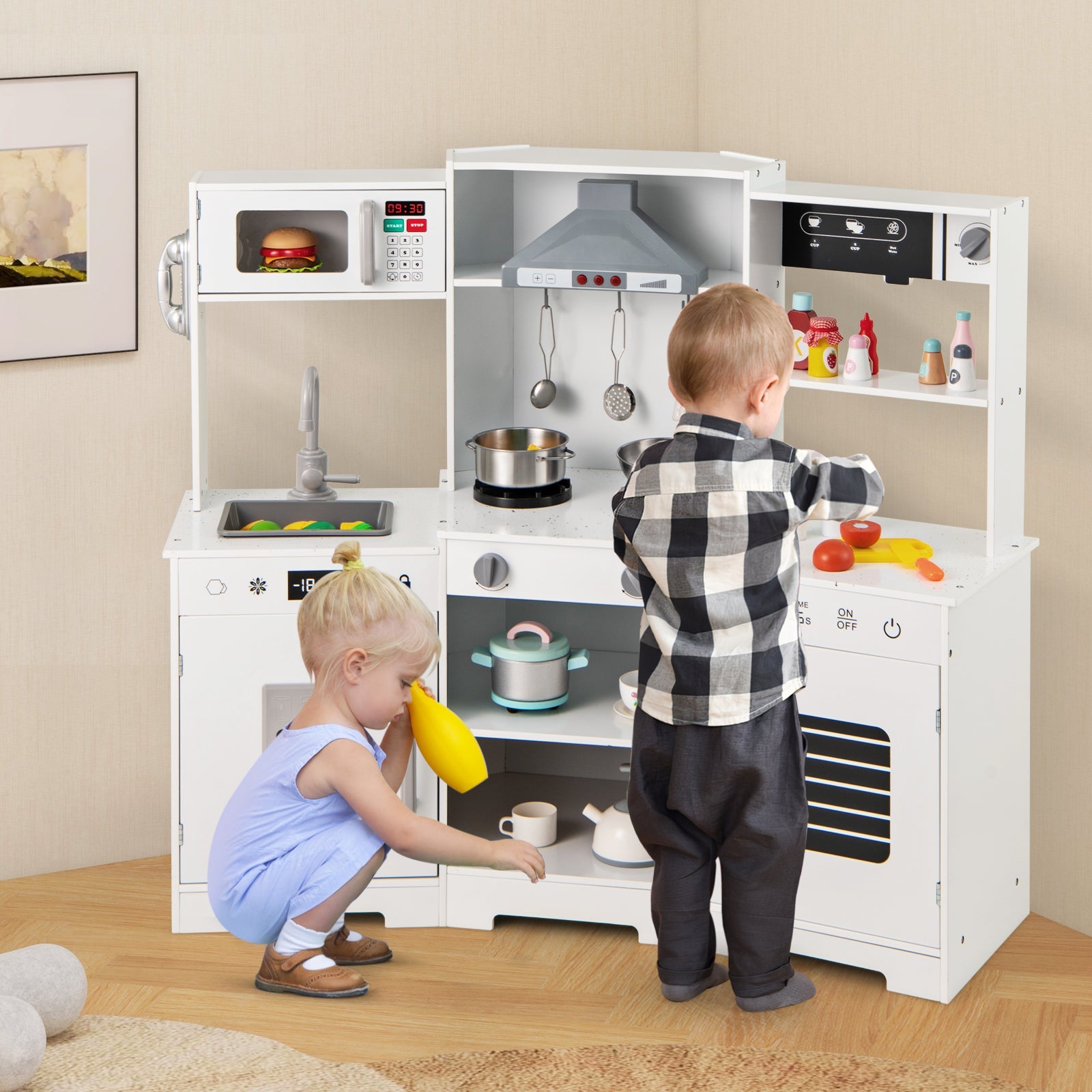 GBruno Pretend Play Kitchen Wooden Toy Set with Range Hood Real Sounds and Lights-White