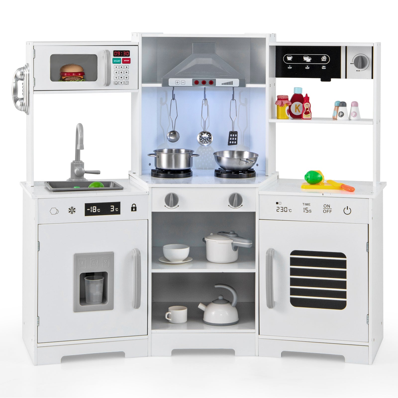 GBruno Pretend Play Kitchen Wooden Toy Set with Range Hood Real Sounds and Lights-White