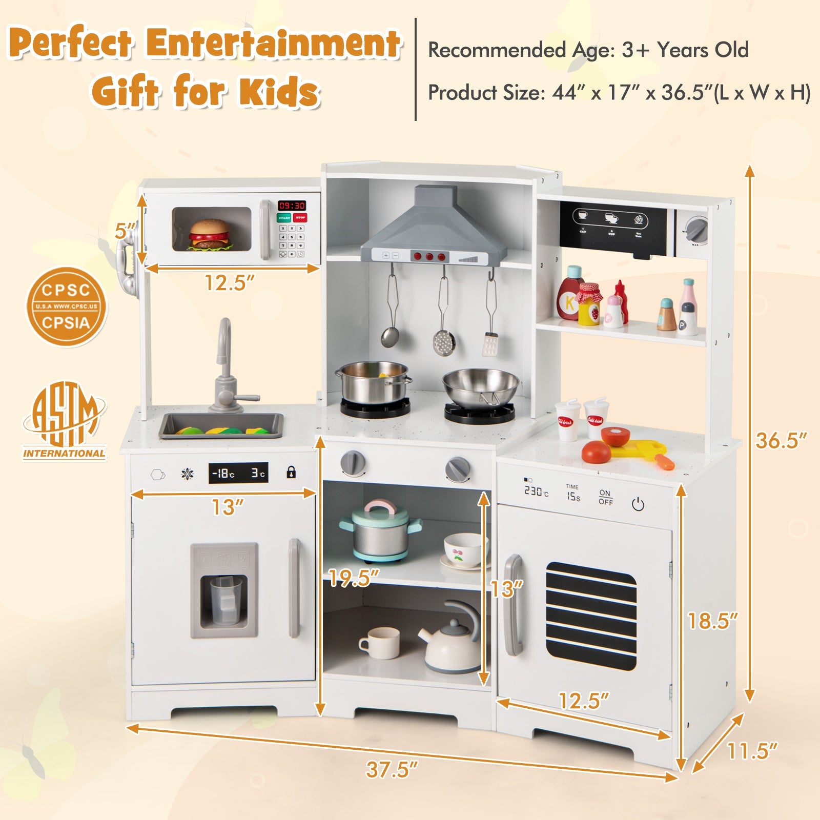 GBruno Pretend Play Kitchen Wooden Toy Set with Range Hood Real Sounds and Lights-White