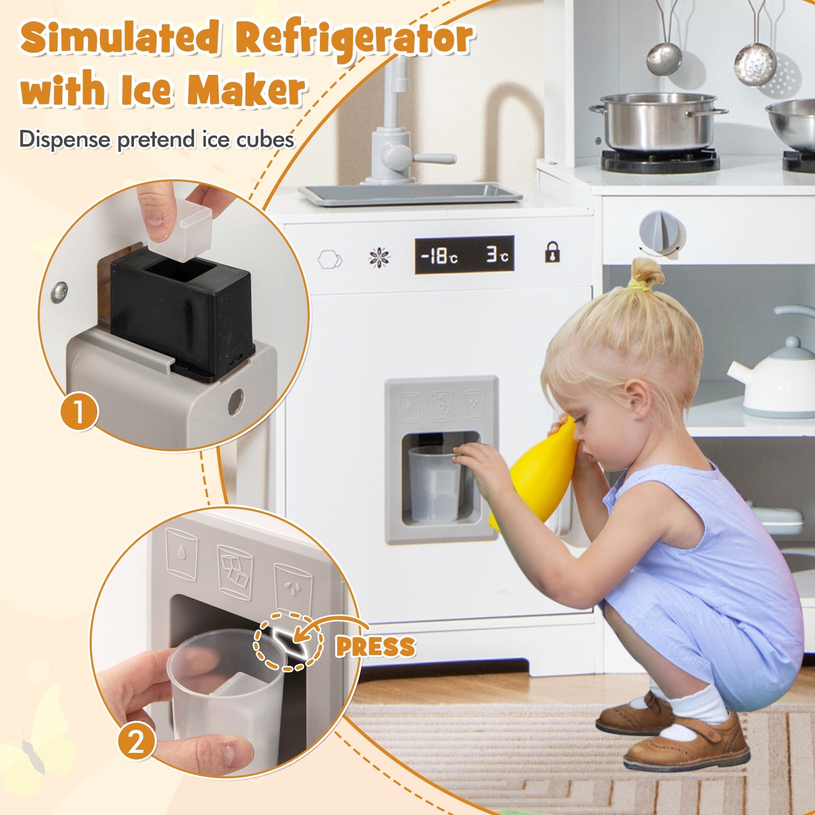 GBruno Pretend Play Kitchen Wooden Toy Set with Range Hood Real Sounds and Lights-White
