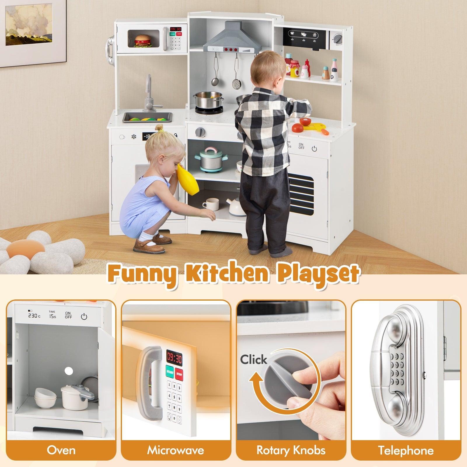 GBruno Pretend Play Kitchen Wooden Toy Set with Range Hood Real Sounds and Lights-White