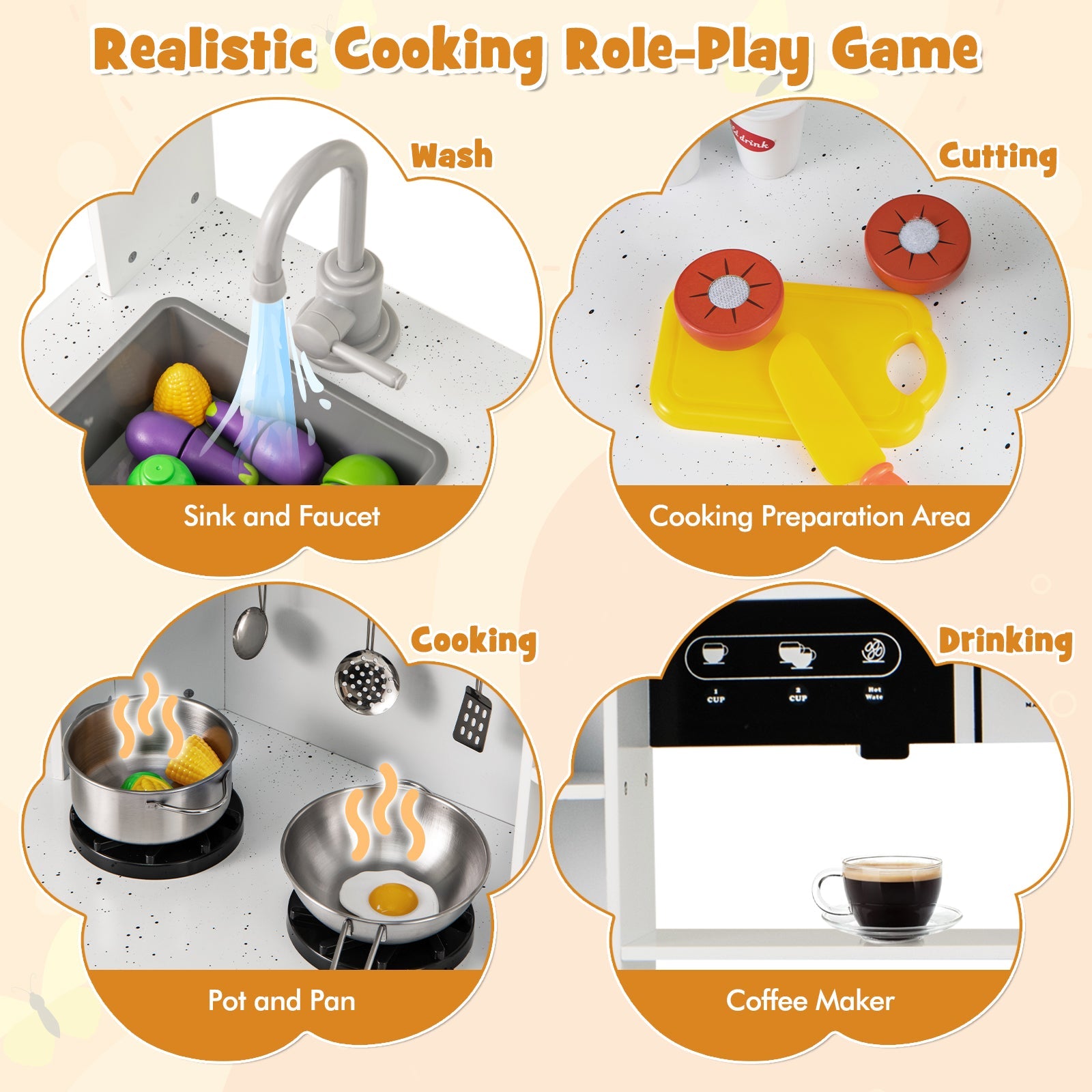 GBruno Pretend Play Kitchen Wooden Toy Set with Range Hood Real Sounds and Lights-White