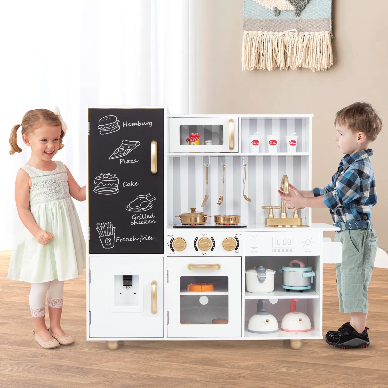 GBruno Pretend Play Kitchen for Kids with Real Sounds and Lights-White