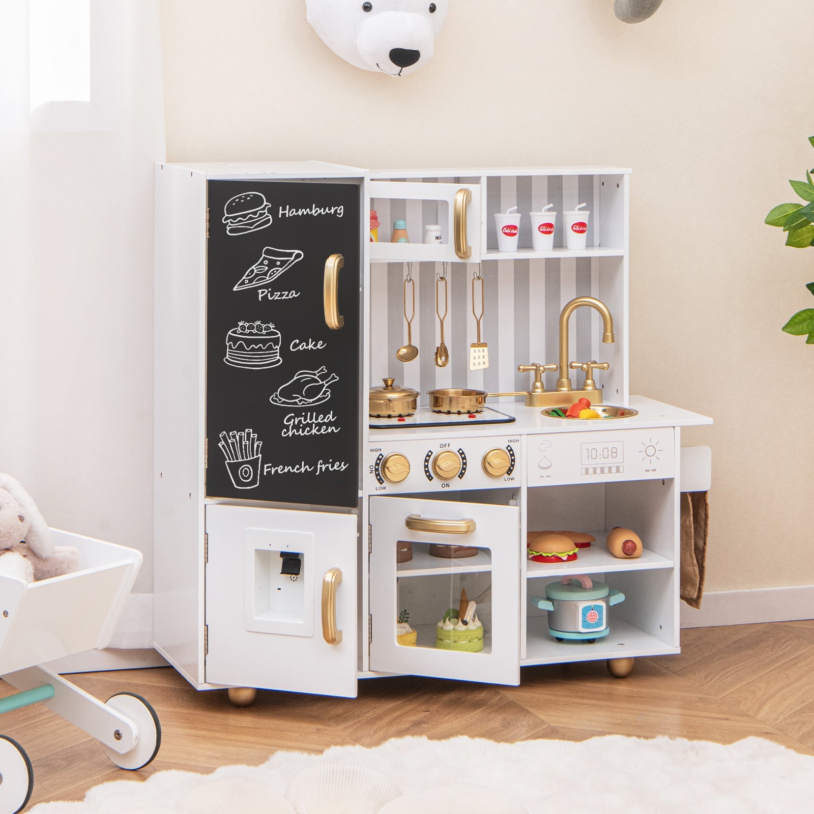 GBruno Pretend Play Kitchen for Kids with Real Sounds and Lights-White