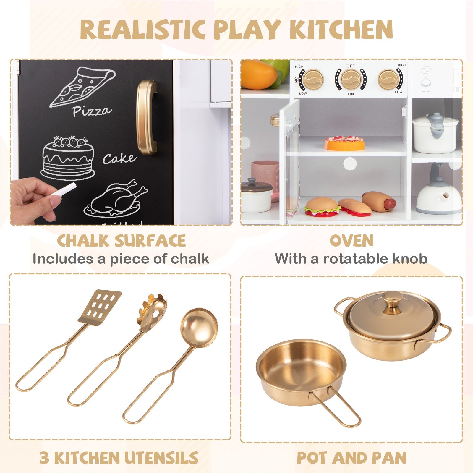 GBruno Pretend Play Kitchen for Kids with Real Sounds and Lights-White