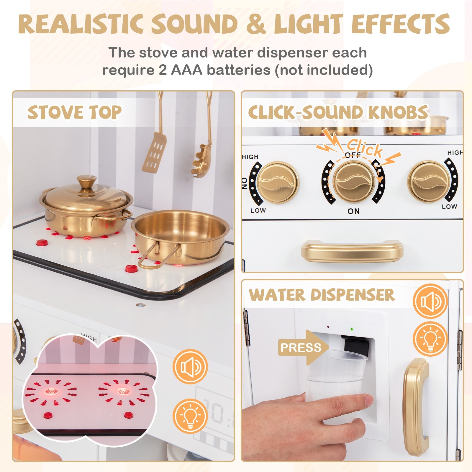 GBruno Pretend Play Kitchen for Kids with Real Sounds and Lights-White