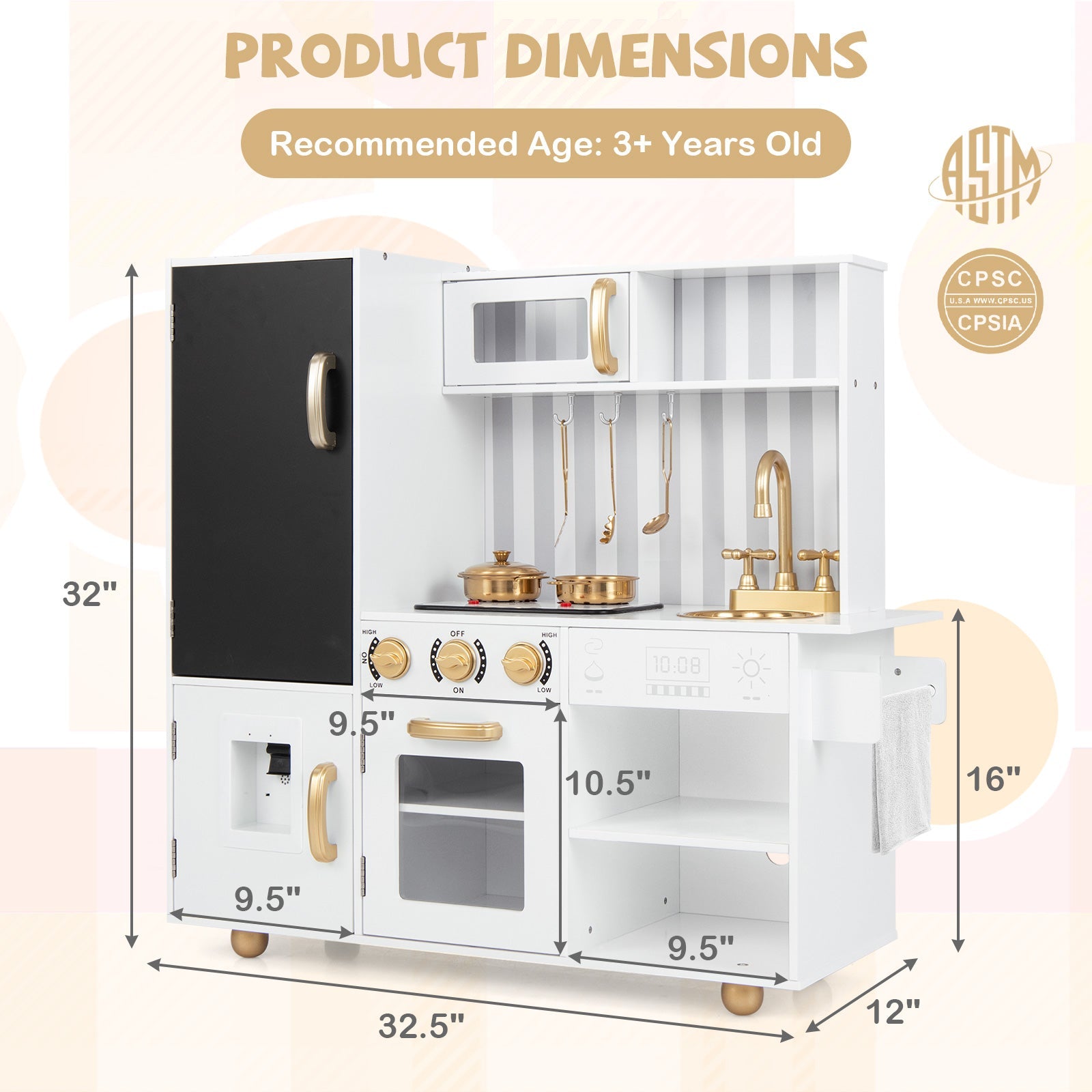 GBruno Pretend Play Kitchen for Kids with Real Sounds and Lights-White