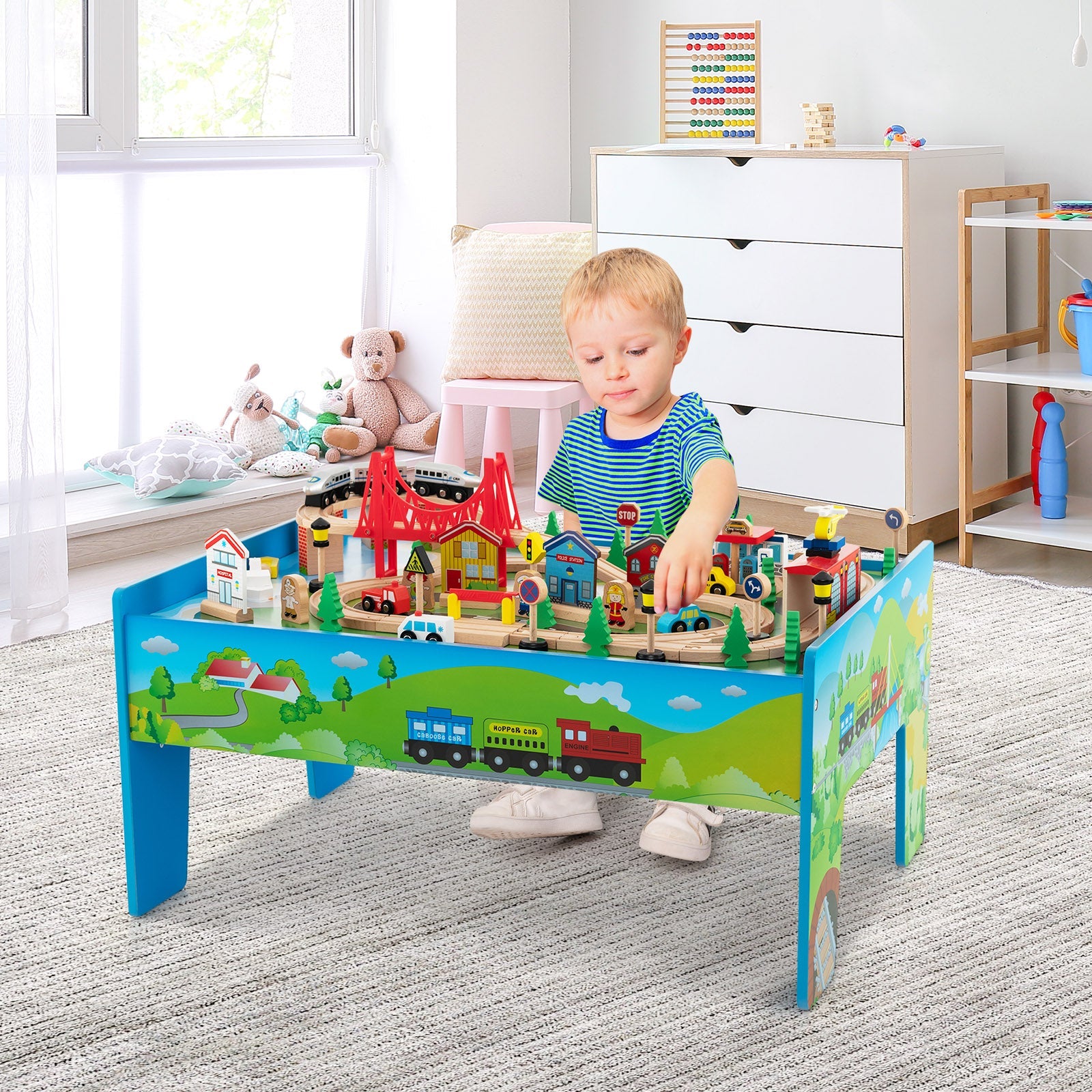 GBruno 80-Piece Wooden Train Set and Table