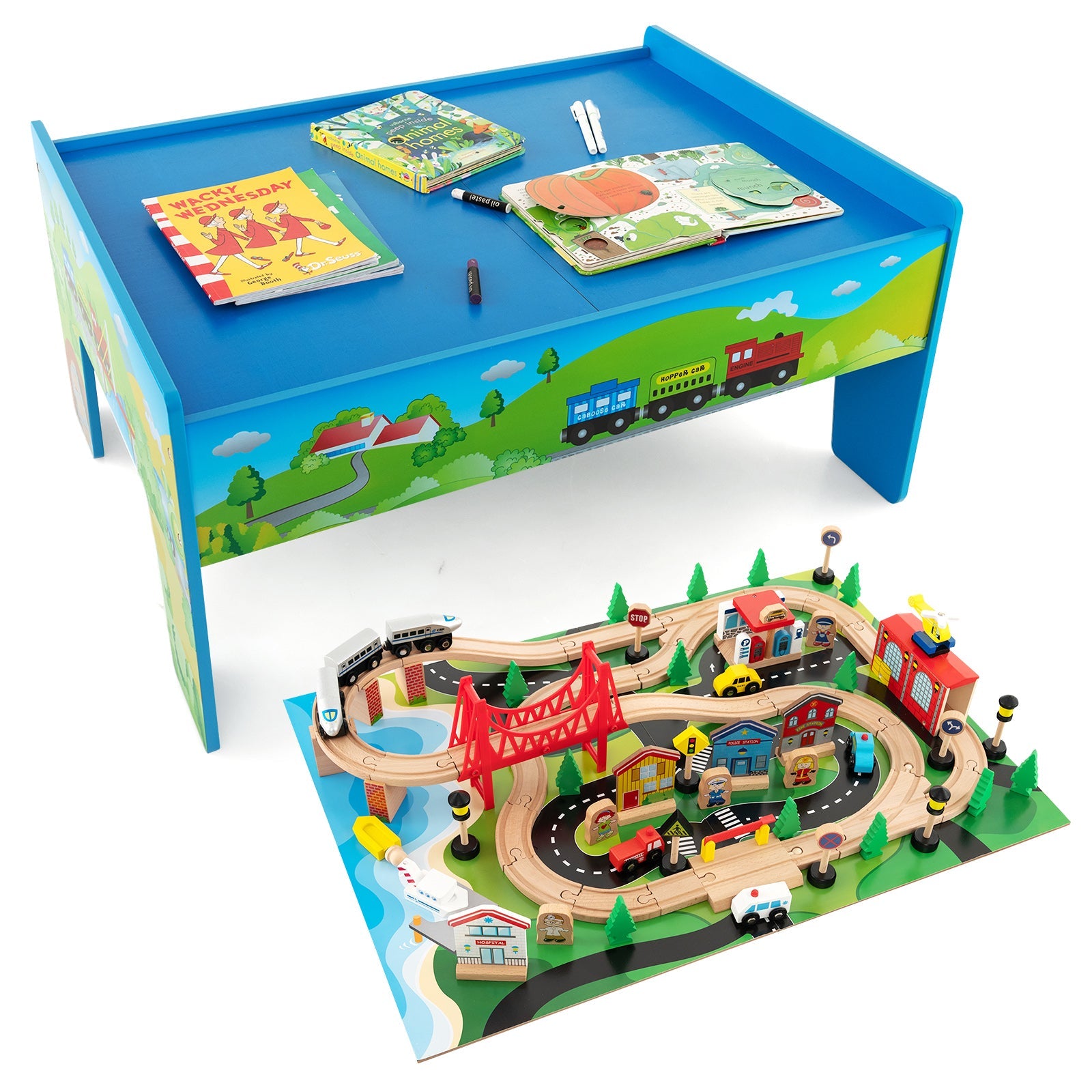 GBruno 80-Piece Wooden Train Set and Table