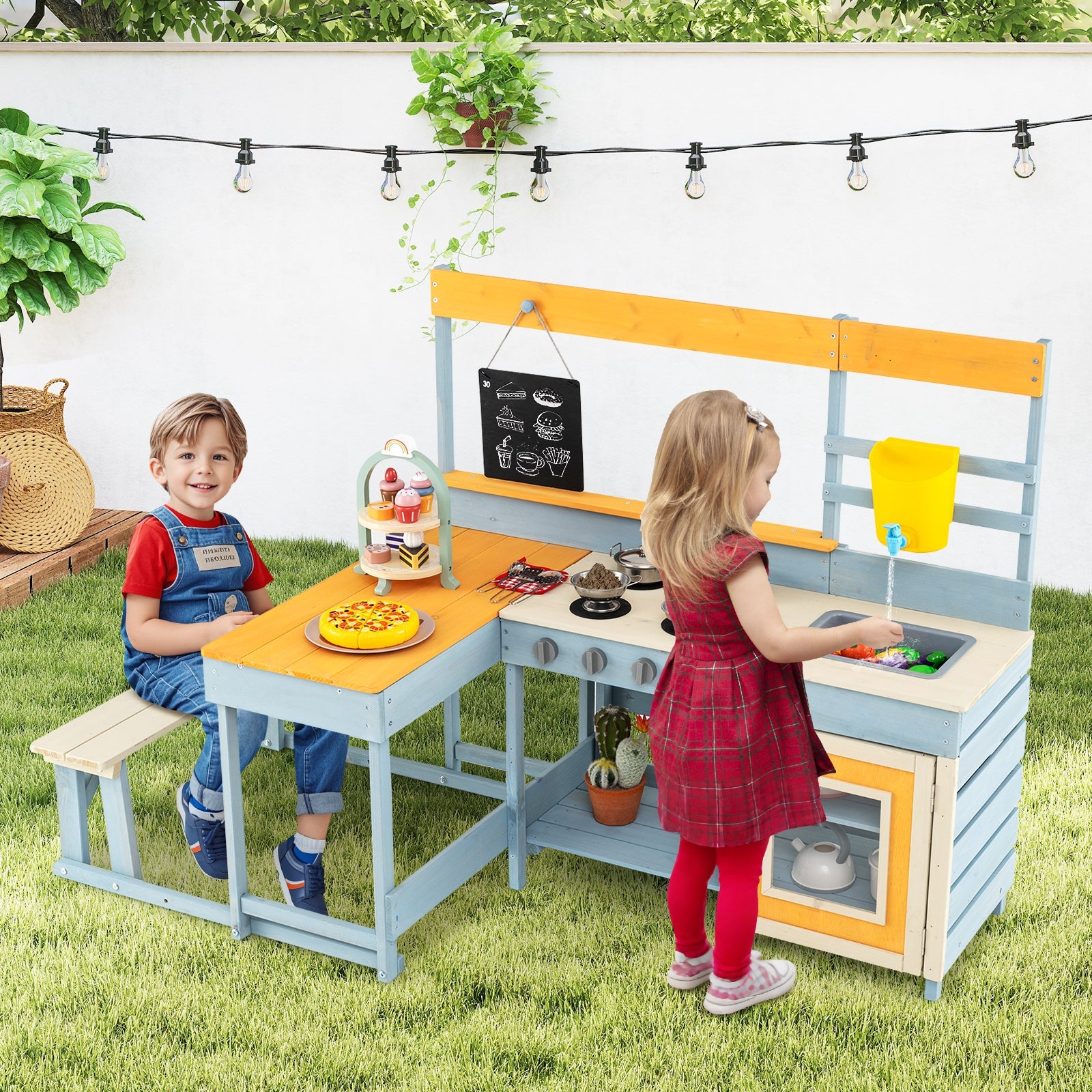 GBruno Fir Wood Play Kitchen with Kids Picnic Table and Built-in Bench-Gray