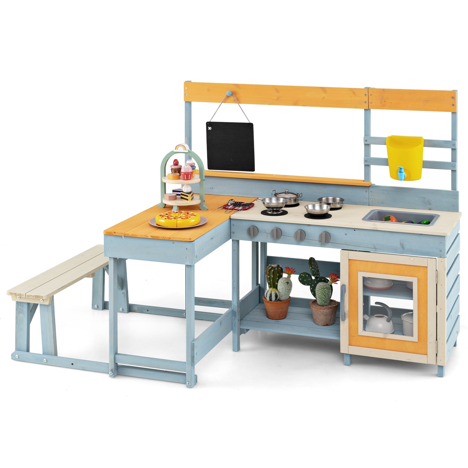 GBruno Fir Wood Play Kitchen with Kids Picnic Table and Built-in Bench-Gray