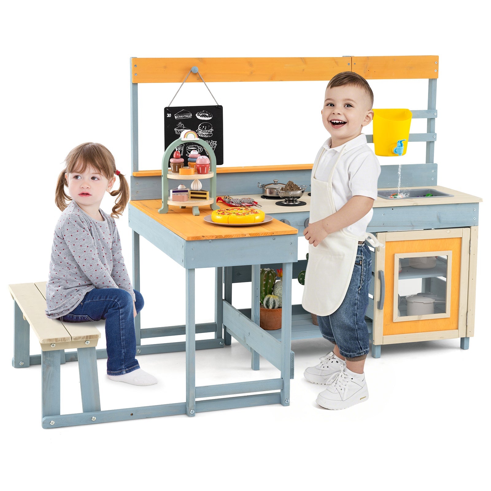 GBruno Fir Wood Play Kitchen with Kids Picnic Table and Built-in Bench-Gray