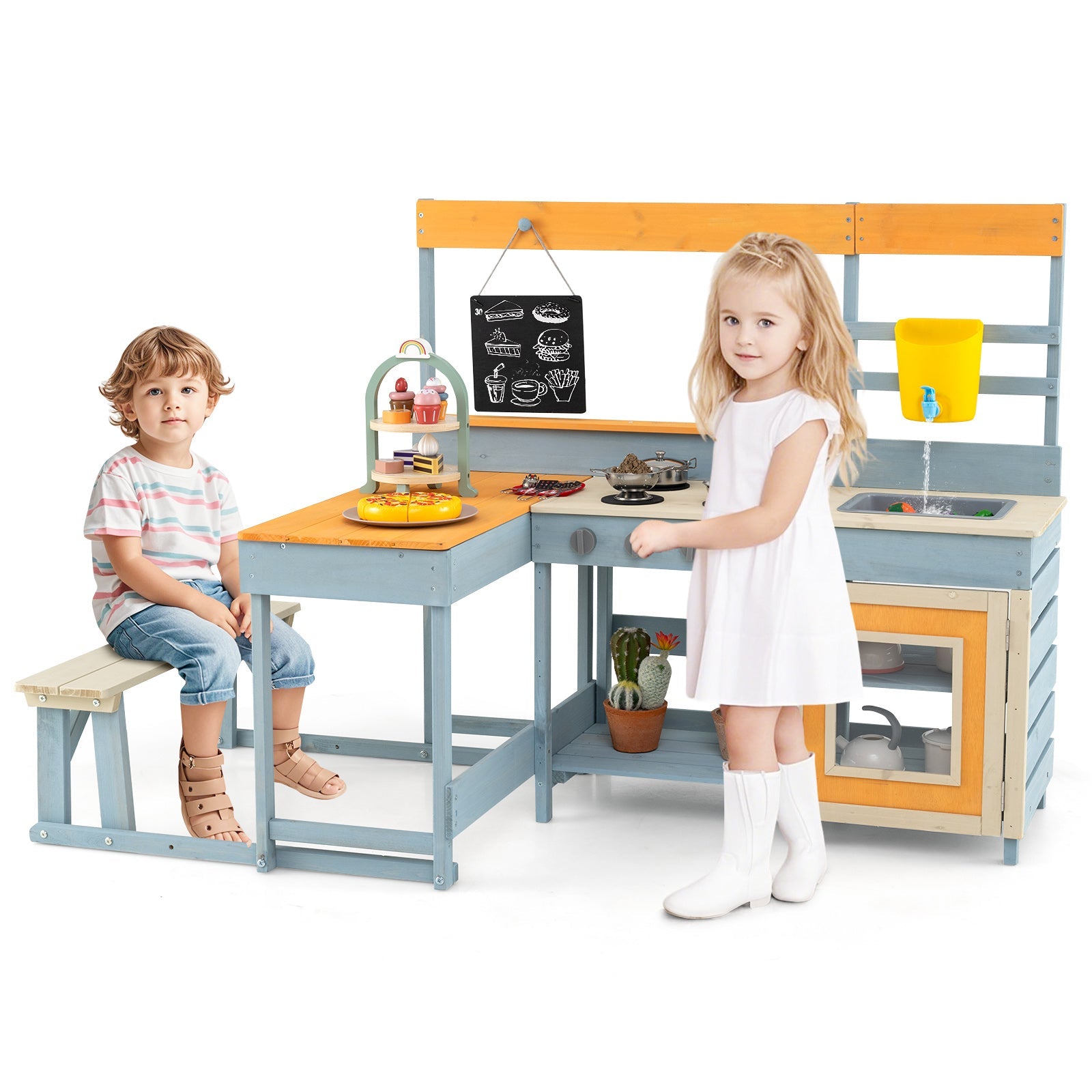 GBruno Fir Wood Play Kitchen with Kids Picnic Table and Built-in Bench-Gray