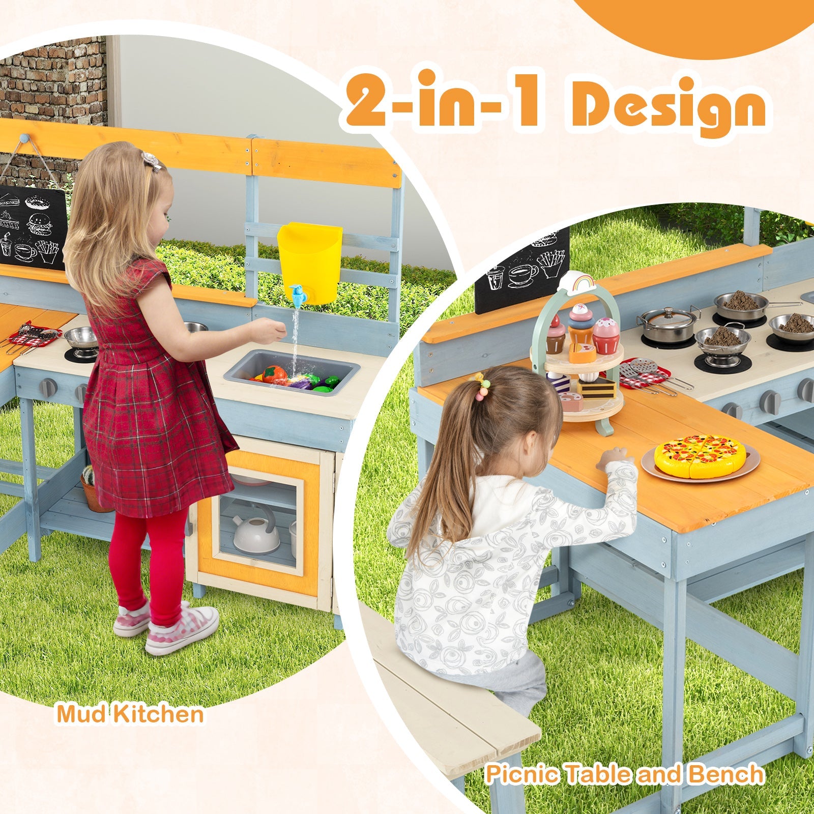 GBruno Fir Wood Play Kitchen with Kids Picnic Table and Built-in Bench-Gray