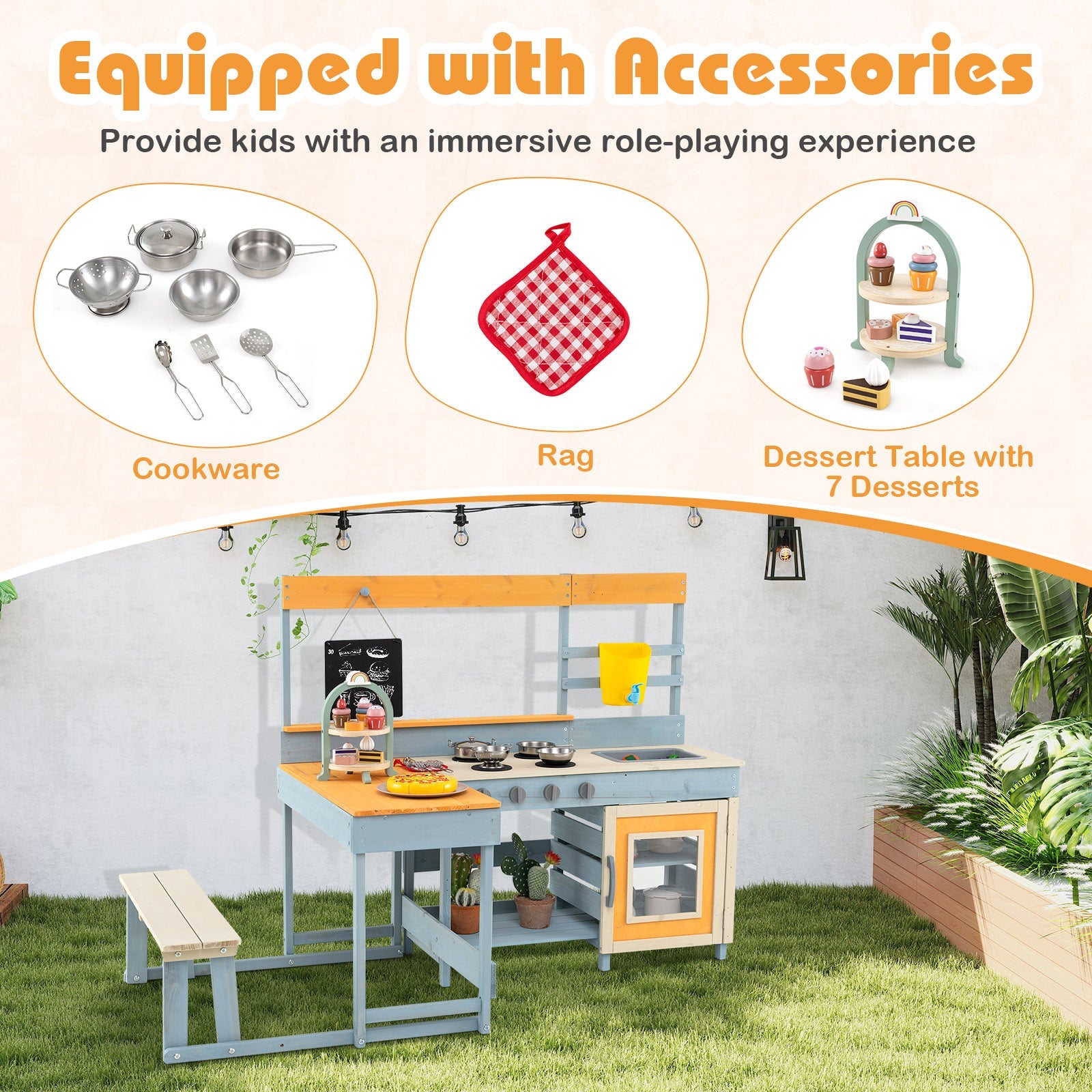 GBruno Fir Wood Play Kitchen with Kids Picnic Table and Built-in Bench-Gray