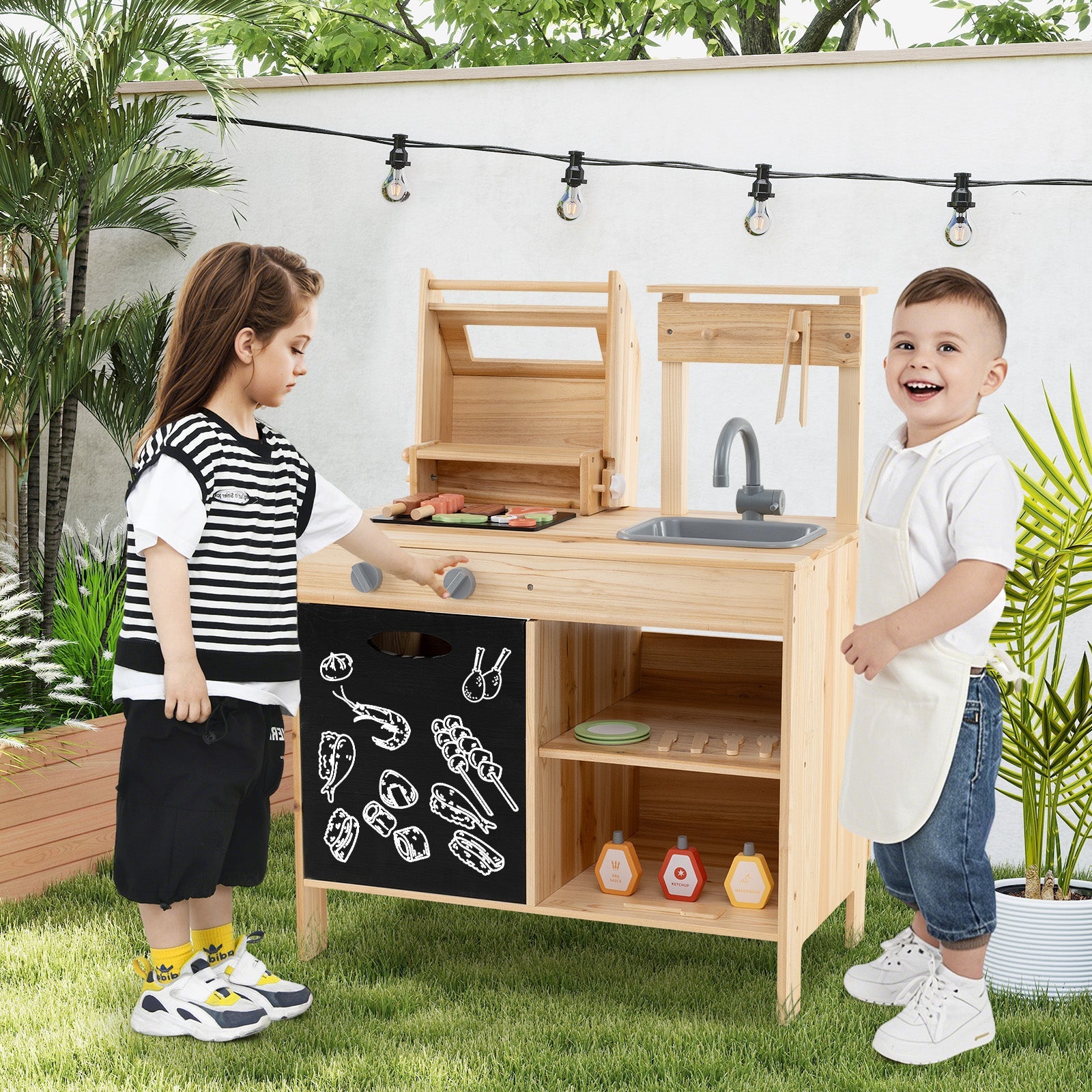 GBruno Wooden Barbecue Grill Playset with Chalkboard and Sink and Cabinet-Natural