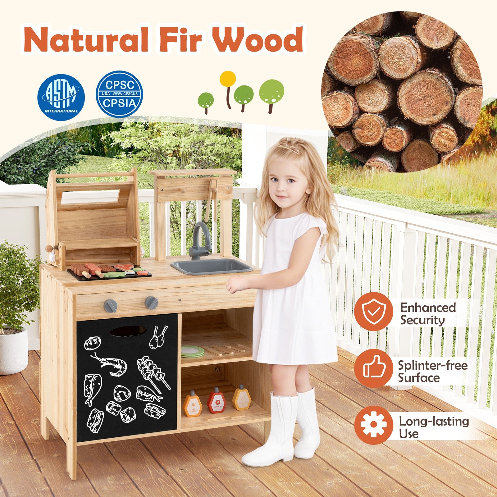 GBruno Wooden Barbecue Grill Playset with Chalkboard and Sink and Cabinet-Natural